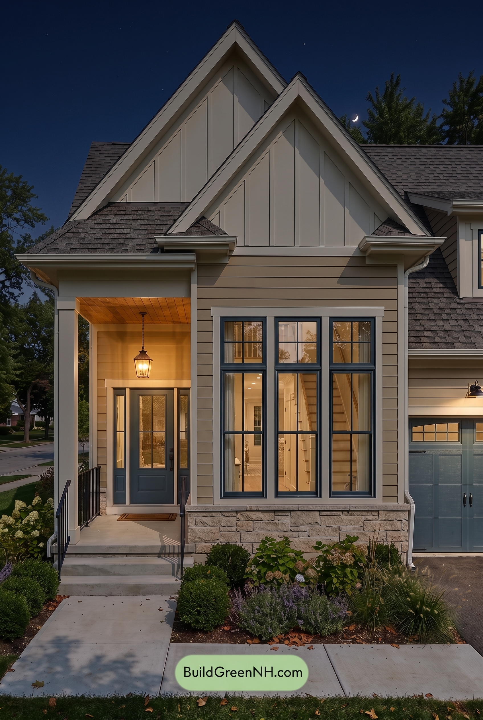 Modern Yellow House Exterior Color Scheme: Meadowlight Veranda - Nighttime