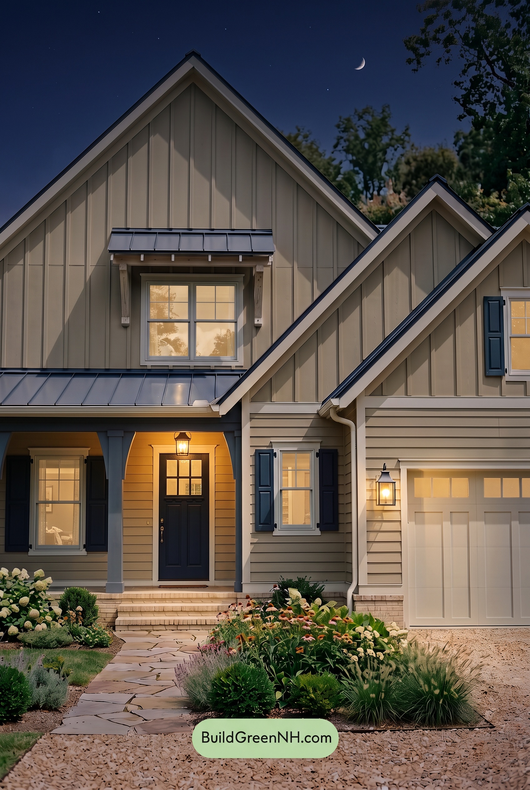 Modern Yellow House Exterior Color Scheme: Pale Gold Tide - Nighttime