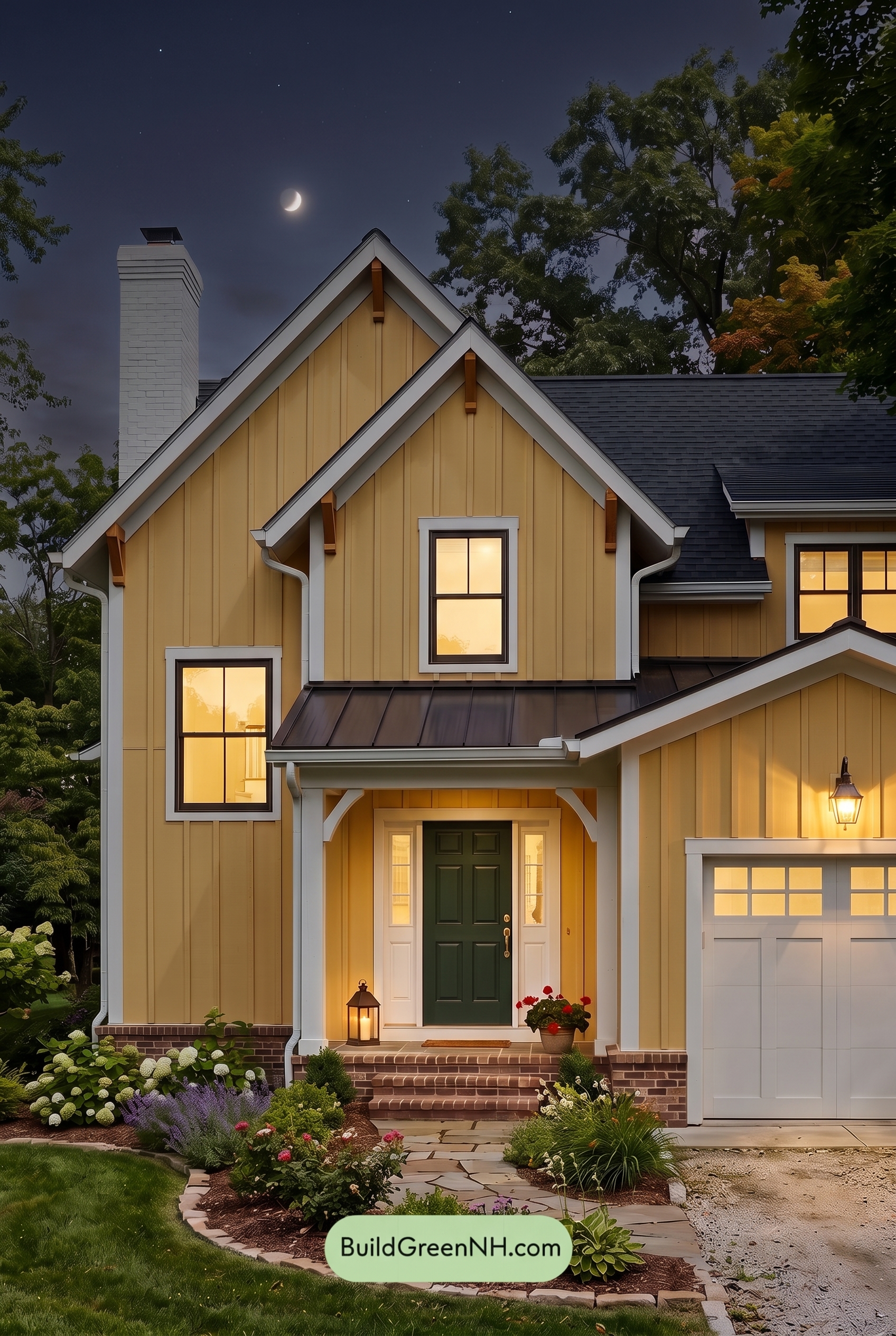 Modern Yellow House Exterior Color Scheme: Porchbell Harvest - Nighttime