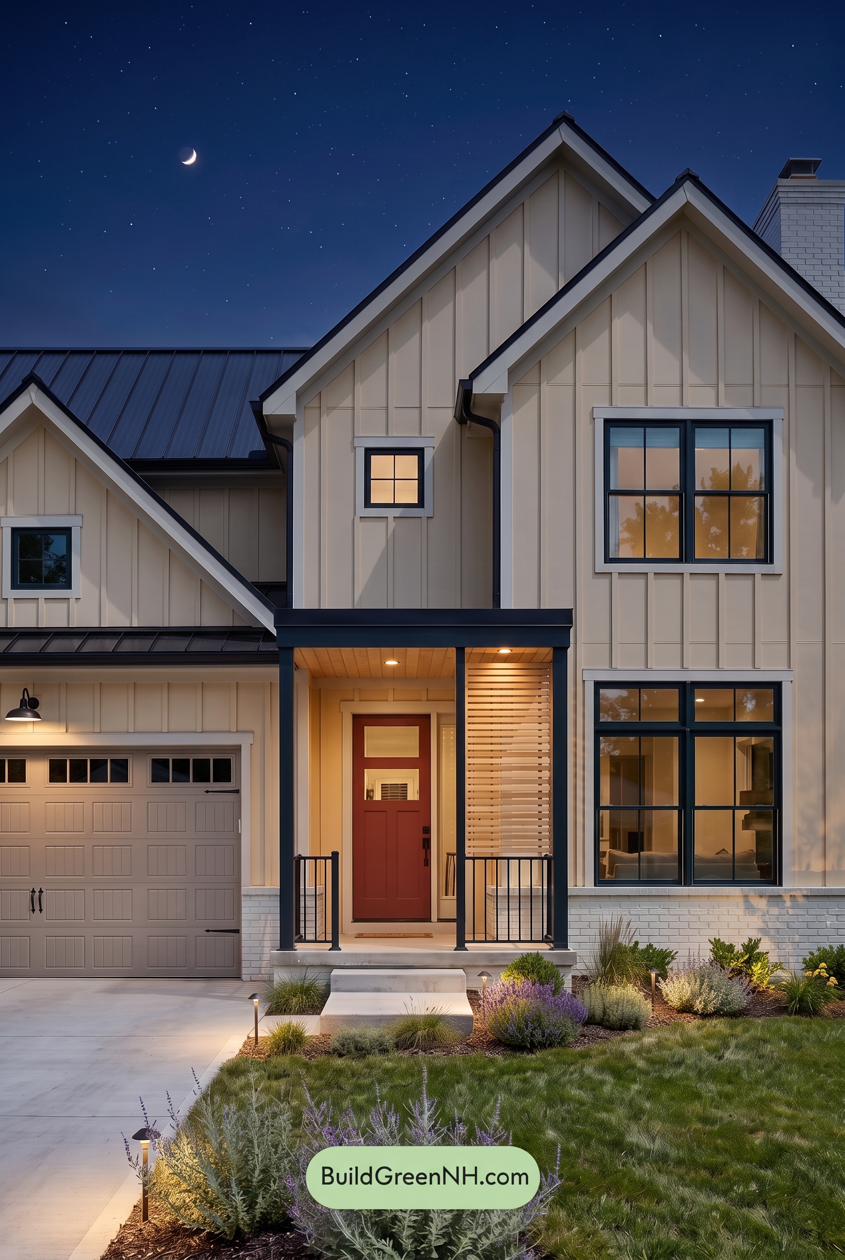 Modern Yellow House Exterior Color Scheme: Primrose Forge Gable - Nighttime
