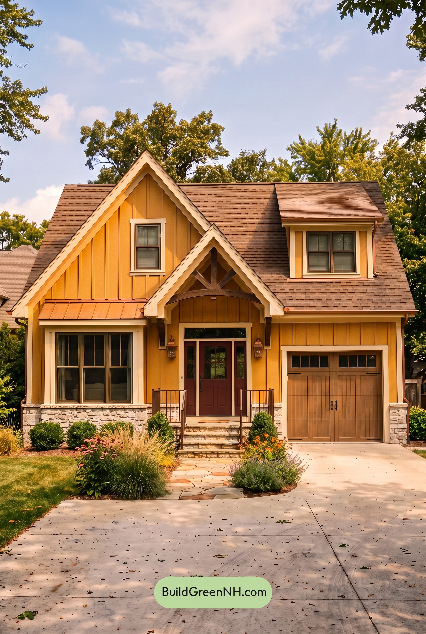 Modern Yellow House Exterior Color Scheme: Saffron Copper Porch - Golden Hour