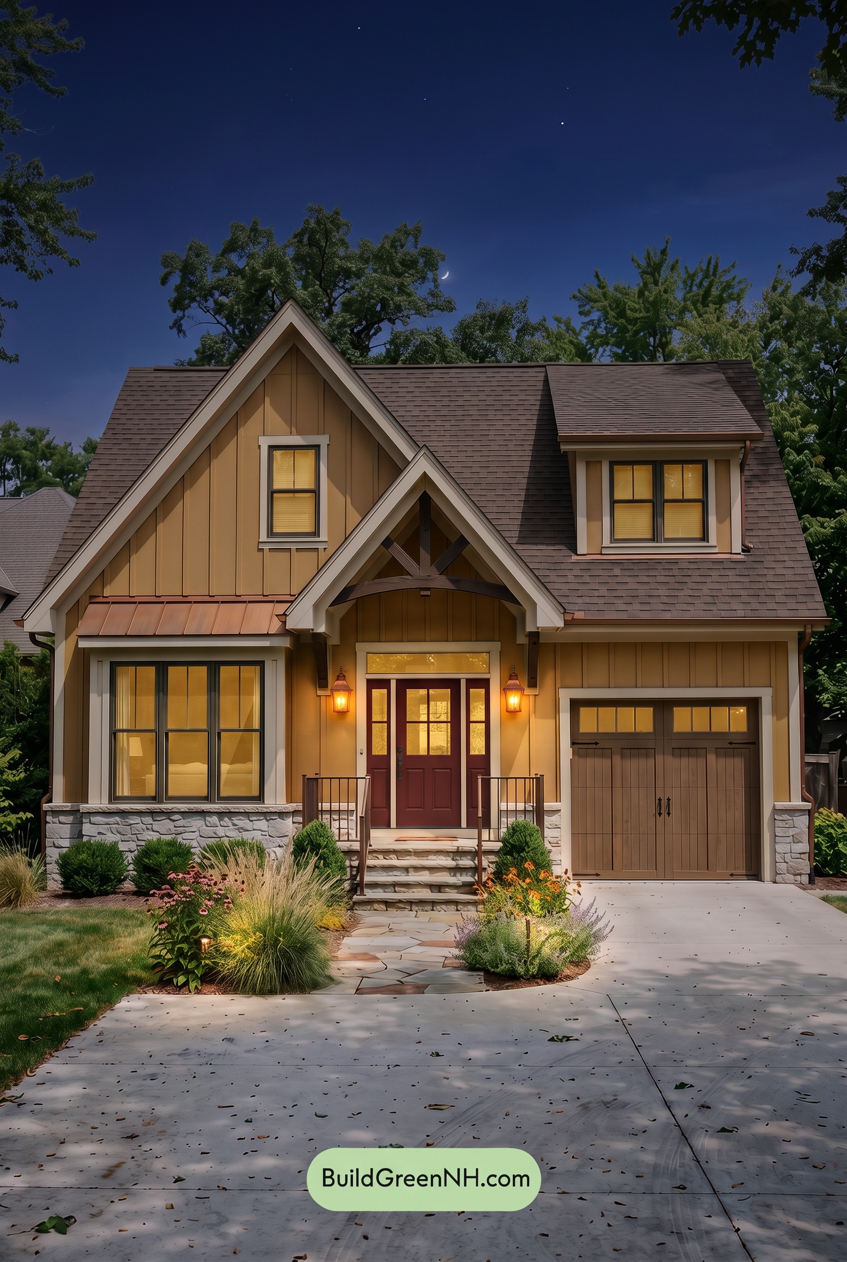 Modern Yellow House Exterior Color Scheme: Saffron Copper Porch - Nighttime