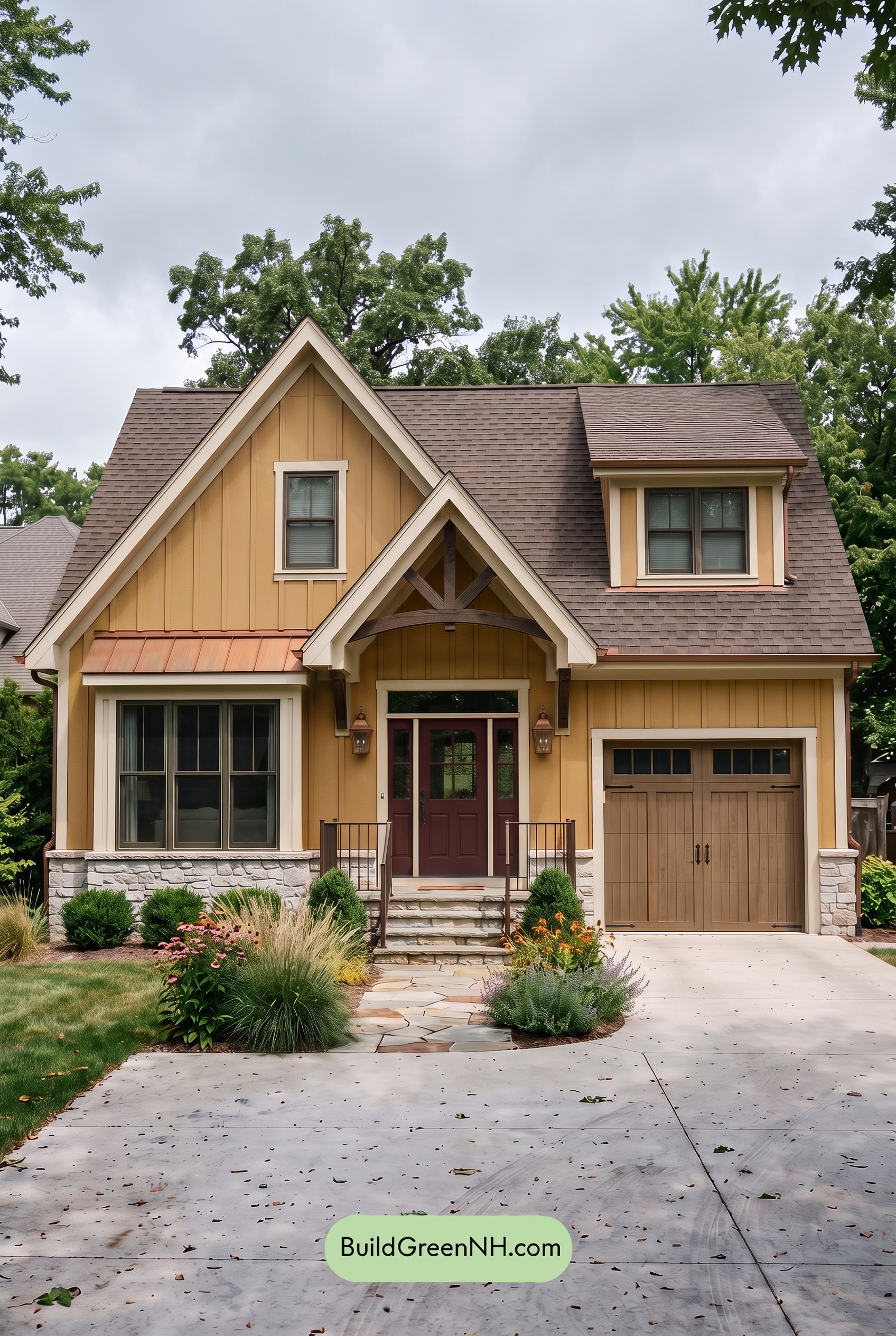 Modern Yellow House Exterior Color Scheme: Saffron Copper Porch - Overcast