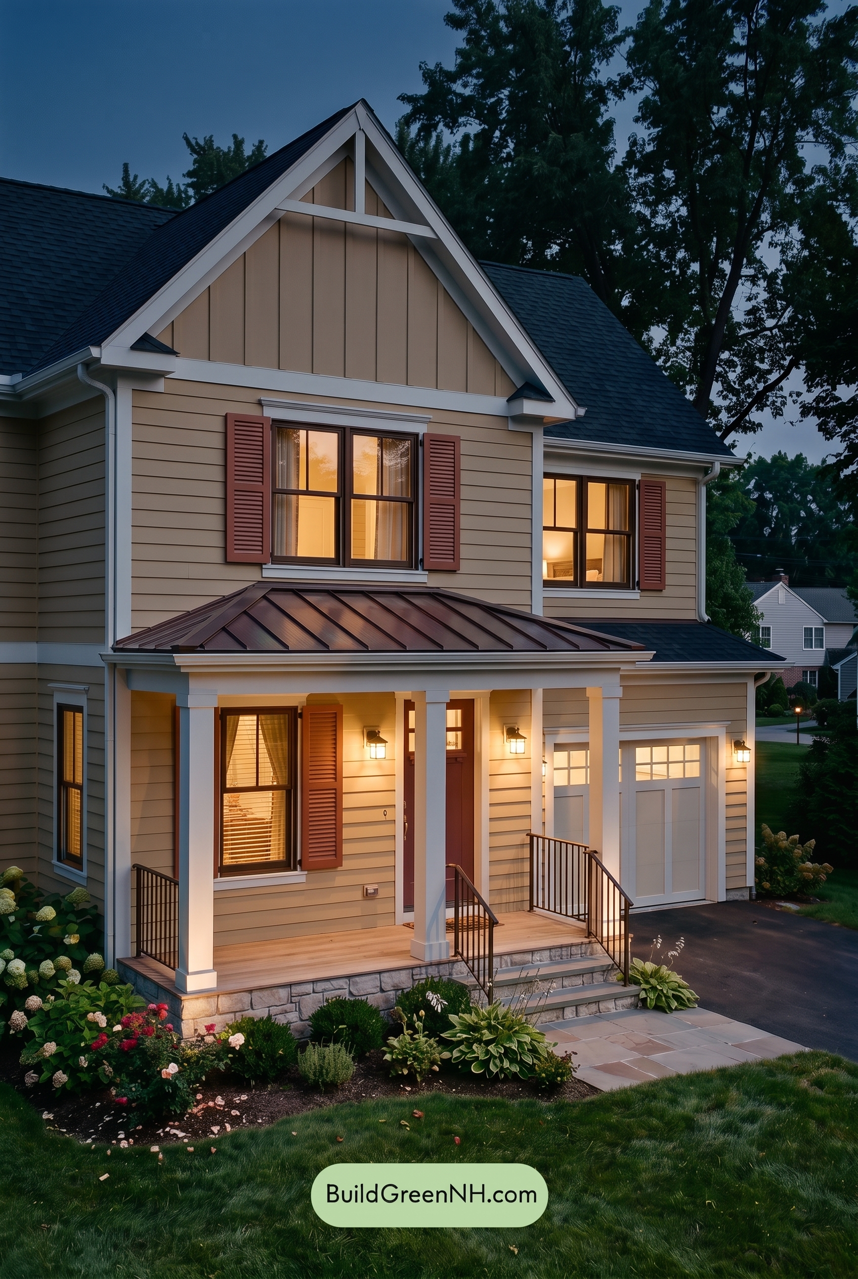 Modern Yellow House Exterior Color Scheme: Sunlit Shutterline - Nighttime