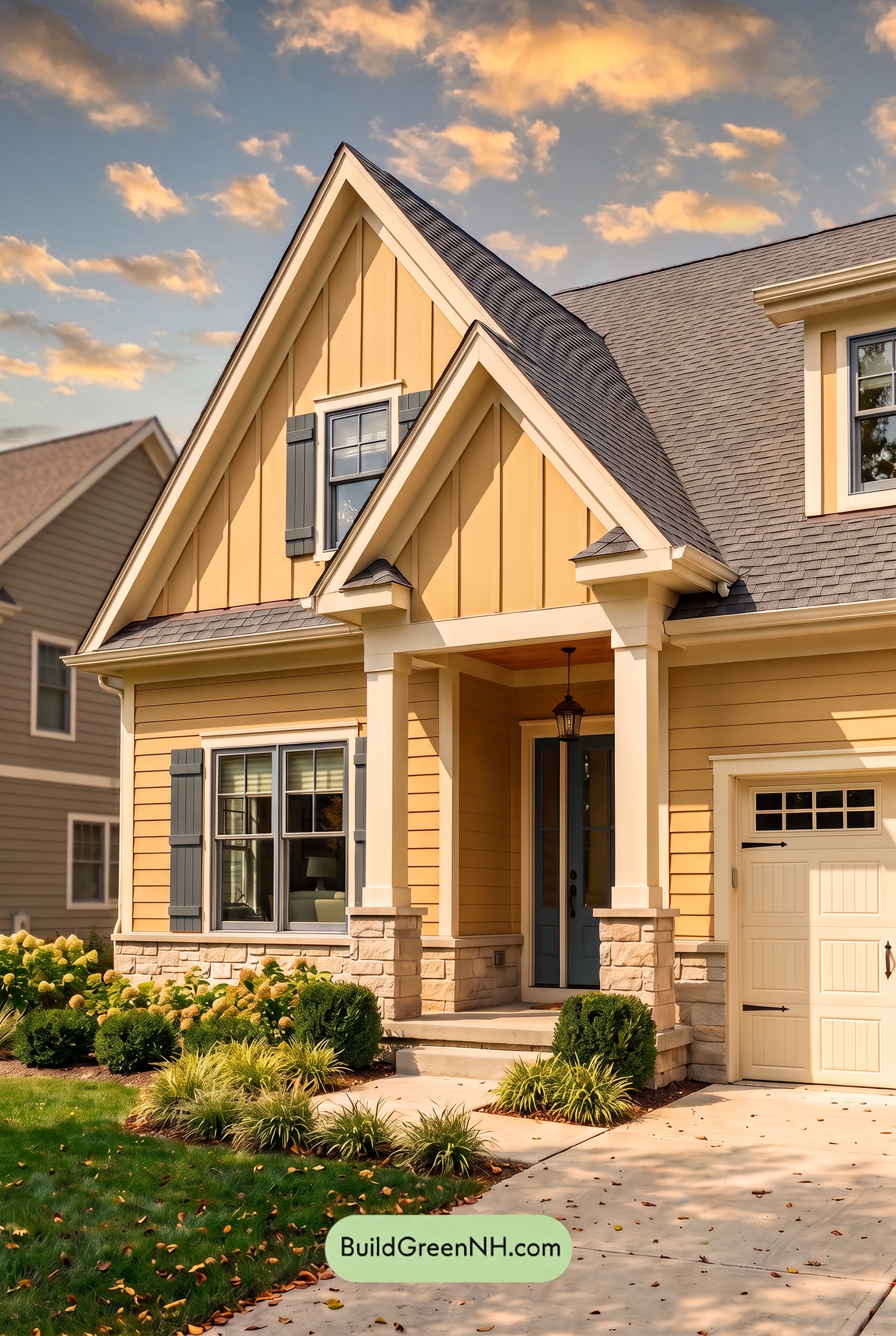 Modern Yellow House Exterior Color Scheme: Vanilla Blue Reverie - Golden Hour
