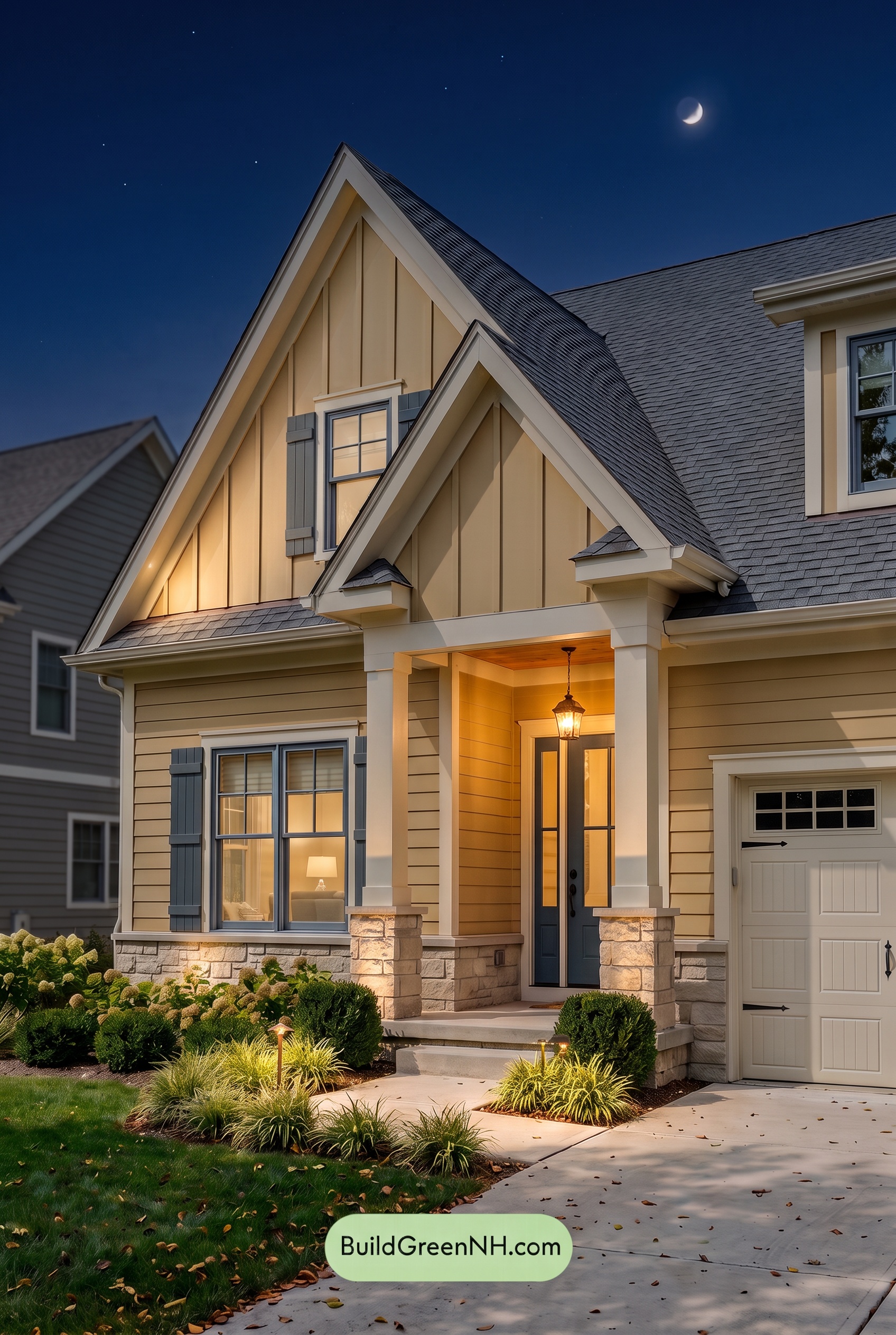 Modern Yellow House Exterior Color Scheme: Vanilla Blue Reverie - Nighttime