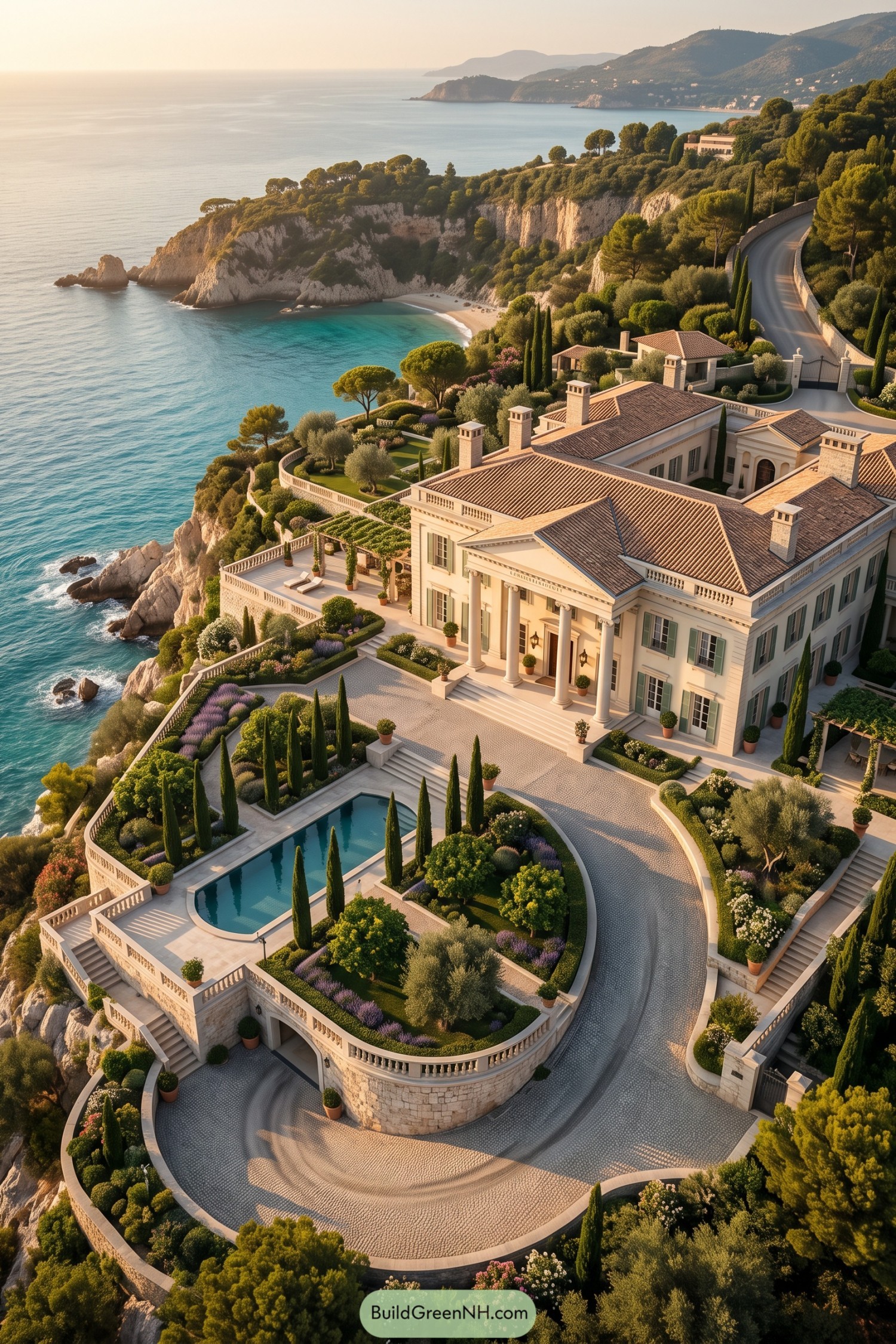 Neoclassical villa with terraces overlooking a turquoise cove