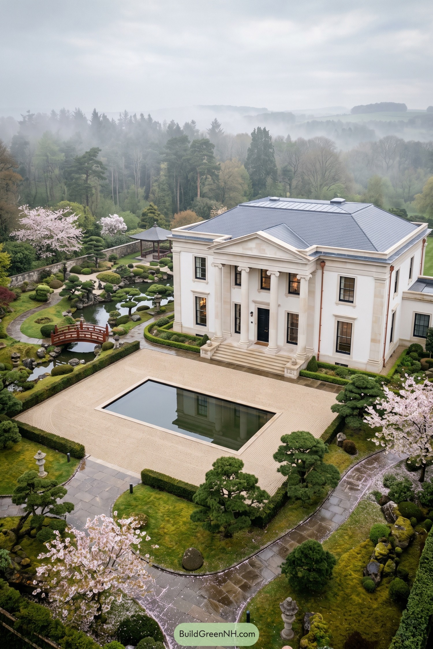 White neoclassical mansion beside a Japanese garden and reflecting pool