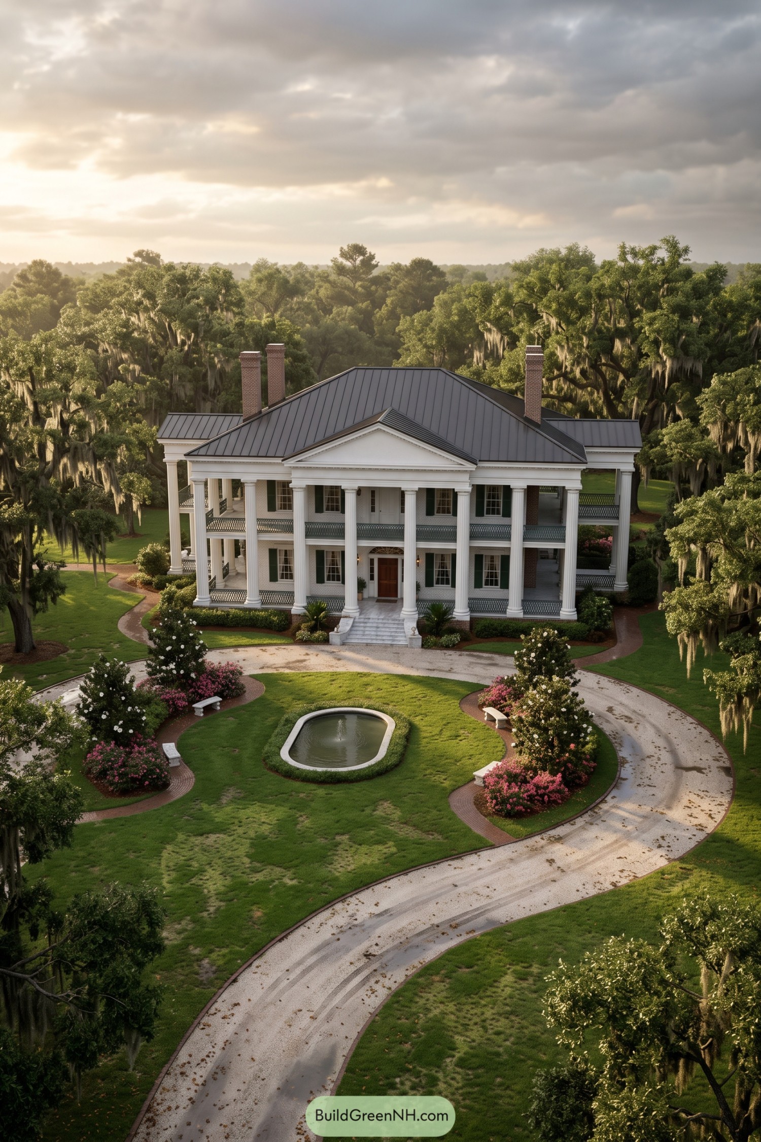 White columned Lowcountry mansion amid mossy oaks