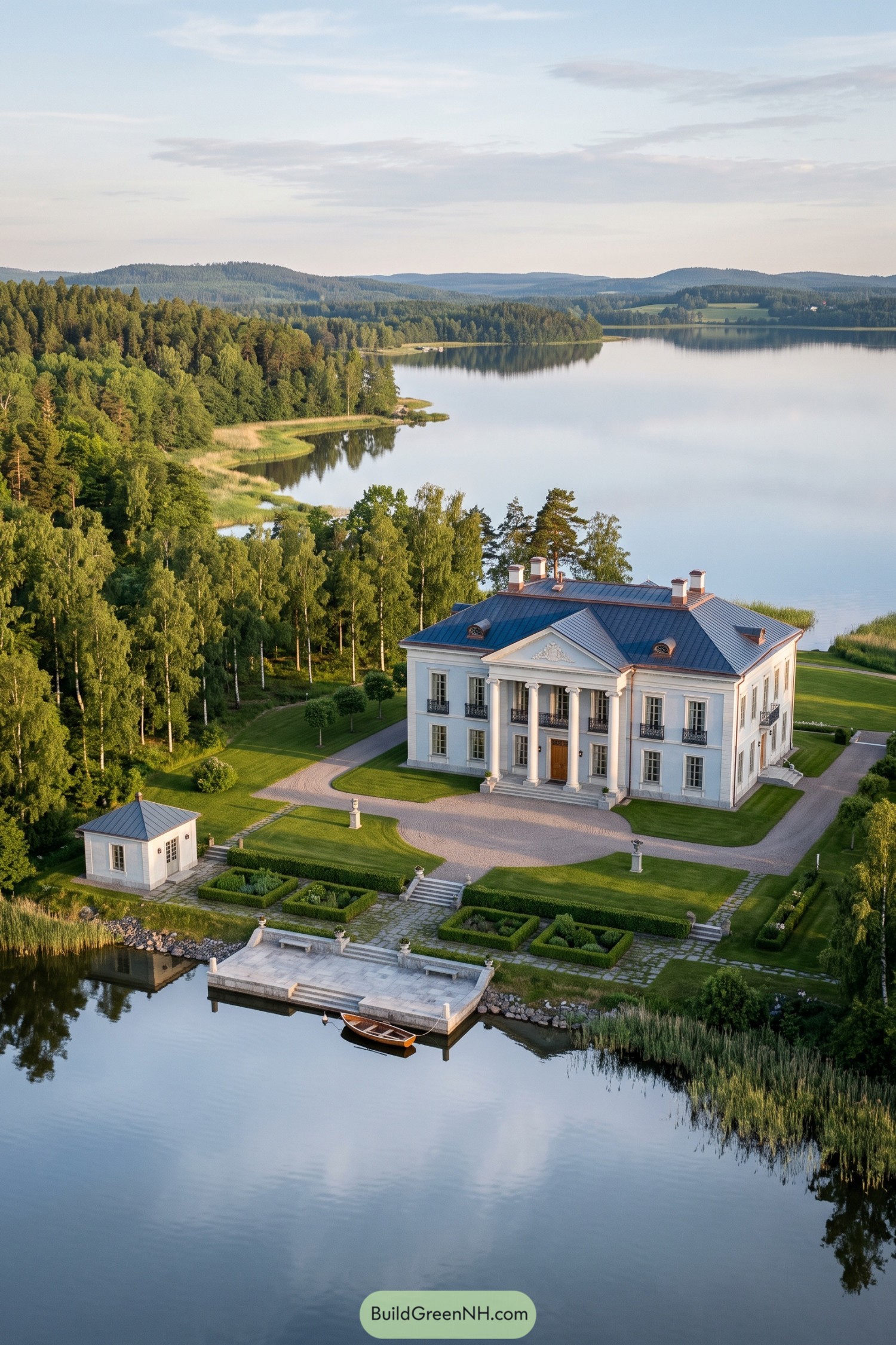 Pale neoclassical villa with a columned portico beside a forest lake