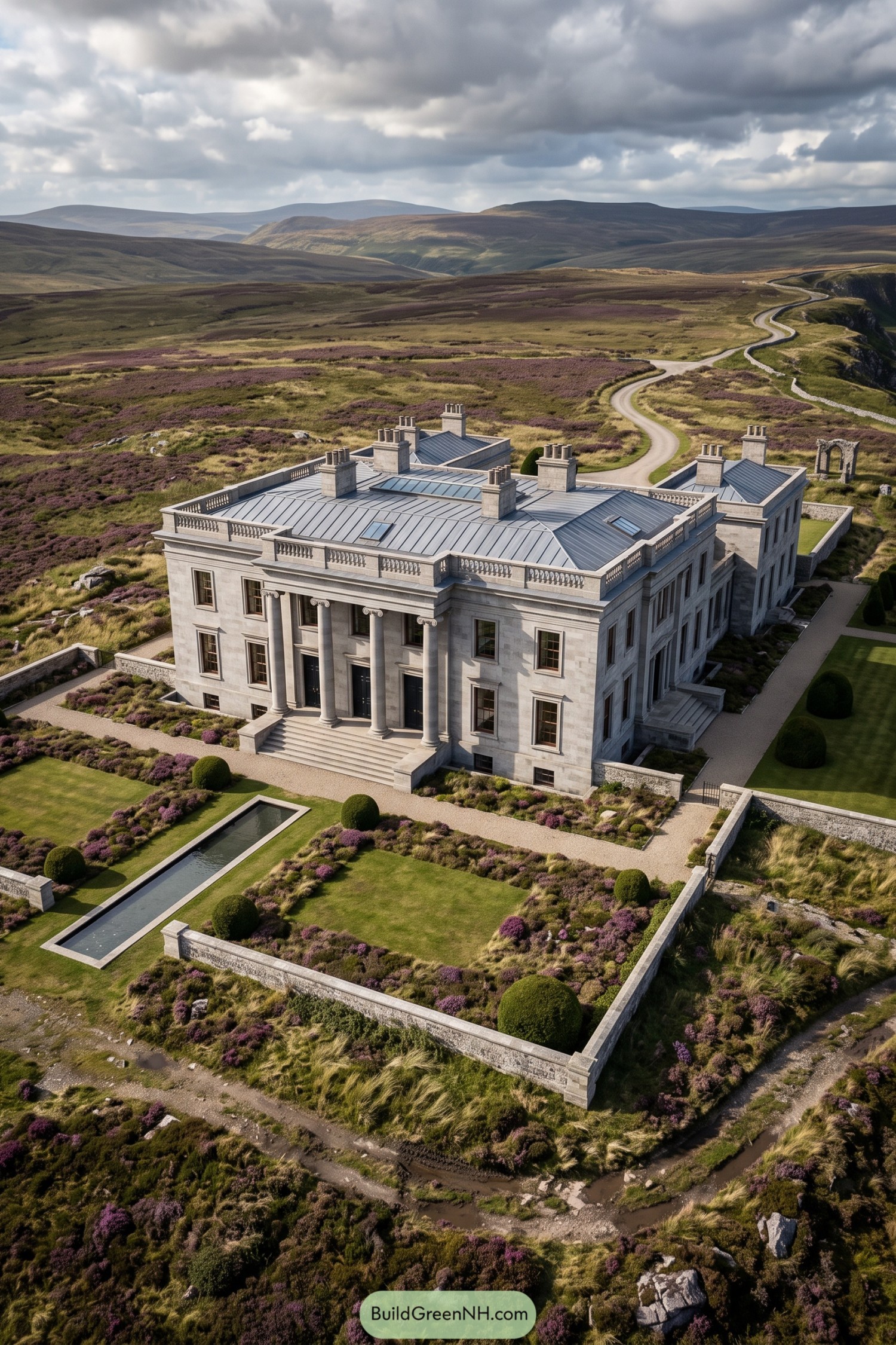 Palladian stone mansion amid heather-covered moorland