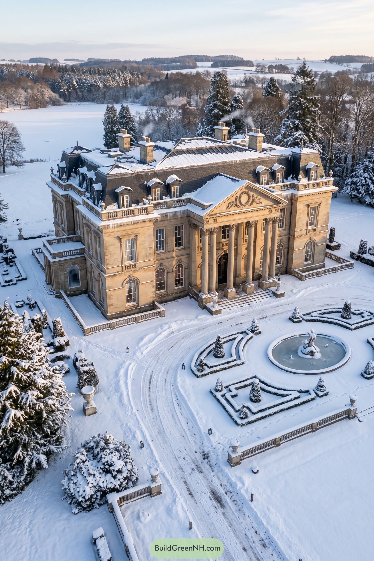 Snow covered neoclassical mansion with a grand columned portico and formal fountain court