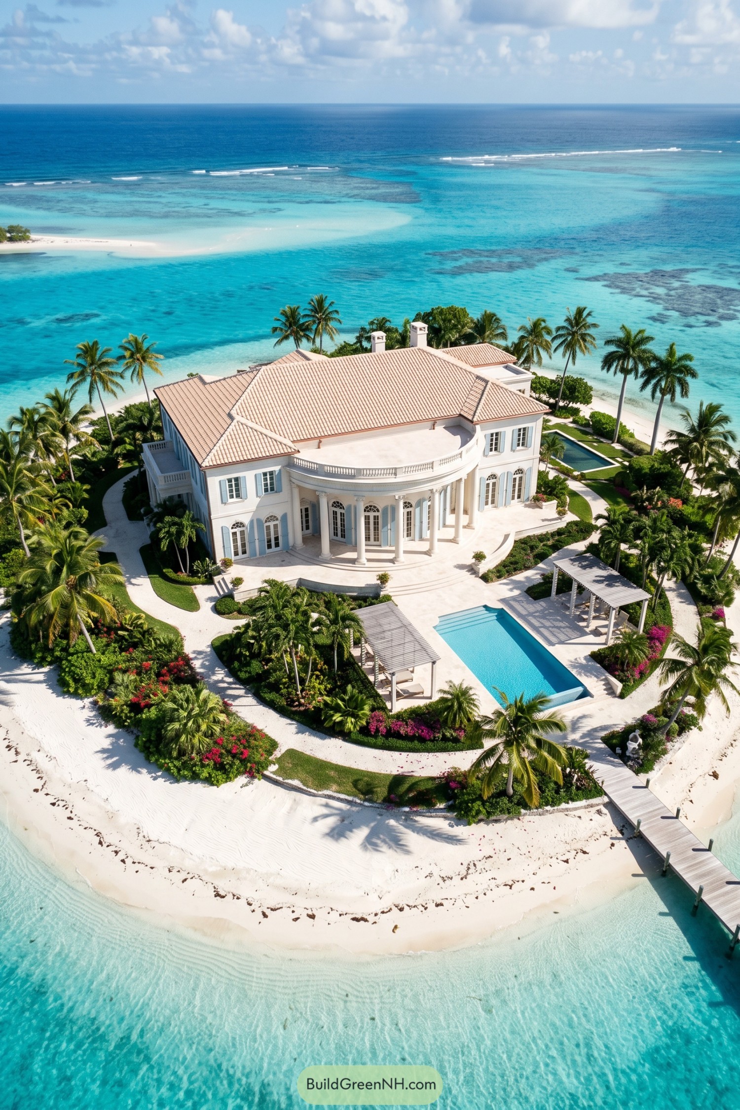 Oceanfront neoclassical villa with pool and palms