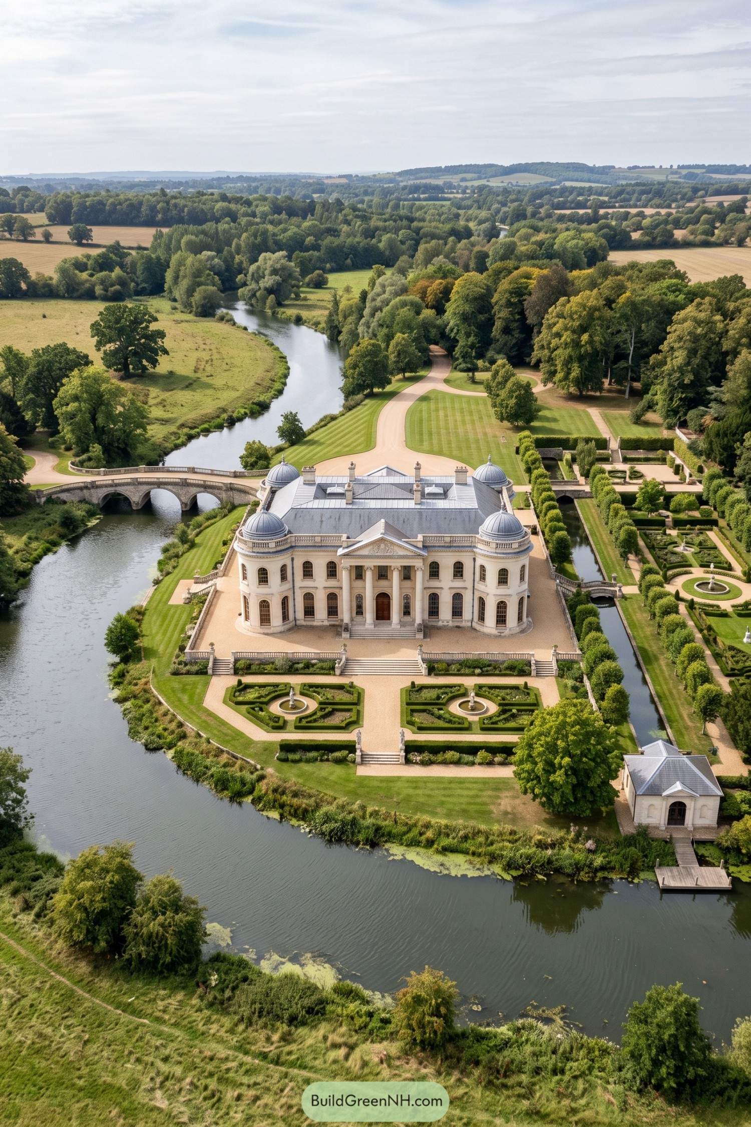 Aerial view of a domed neoclassical mansion beside a river and formal gardens