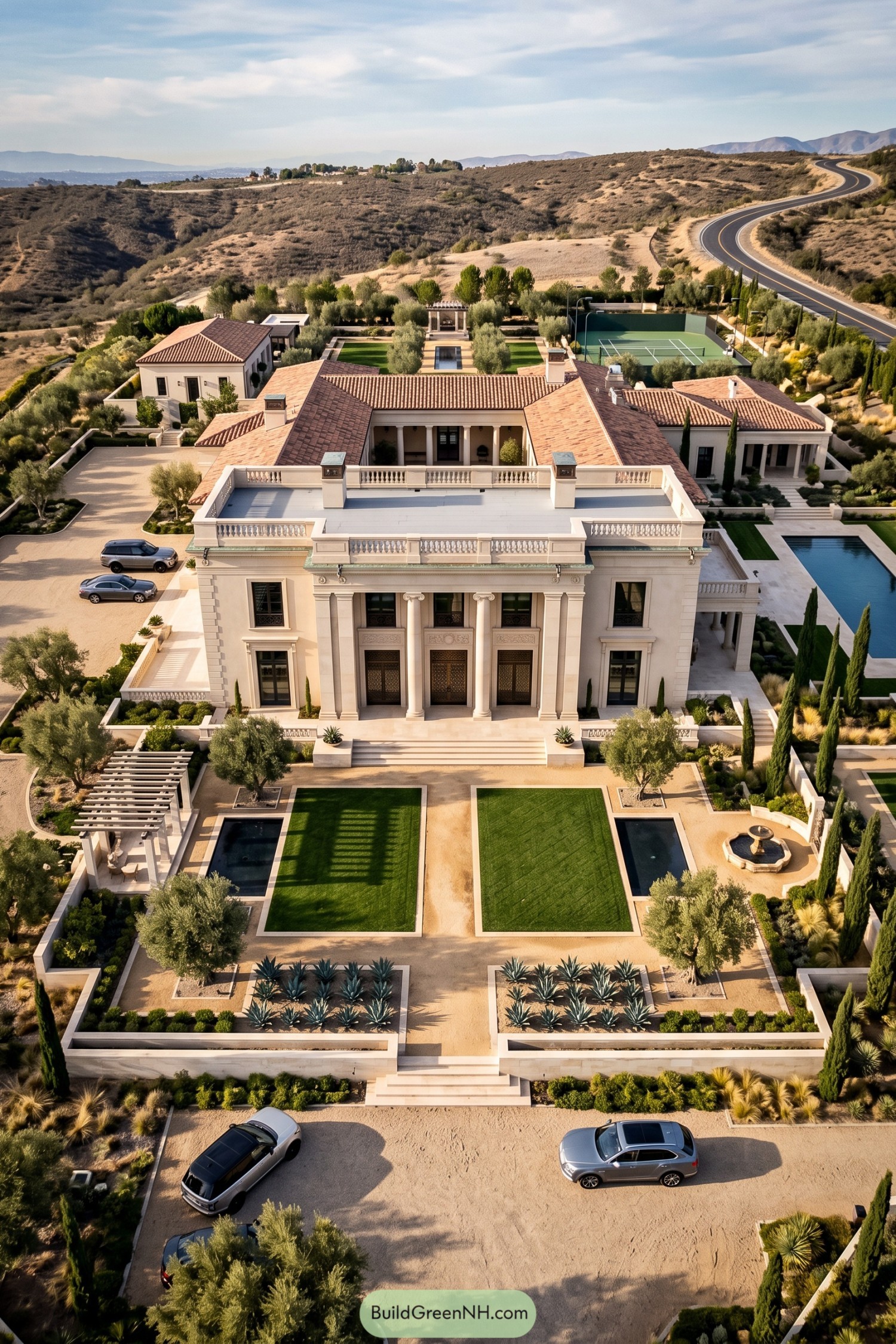 Aerial view of a neoclassical villa with formal gardens and tennis court