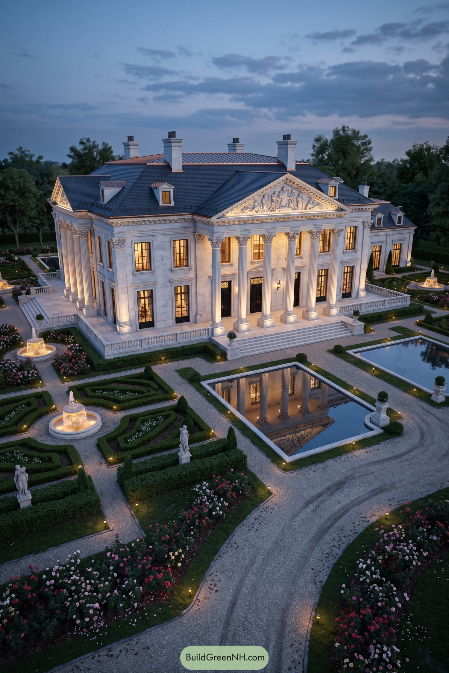 Illuminated marble mansion with columned portico and reflecting pools