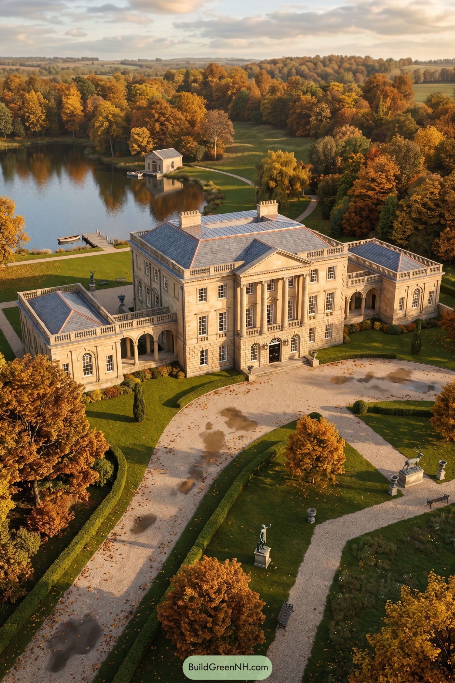 Grand Georgian manor beside a lake amid autumn gardens