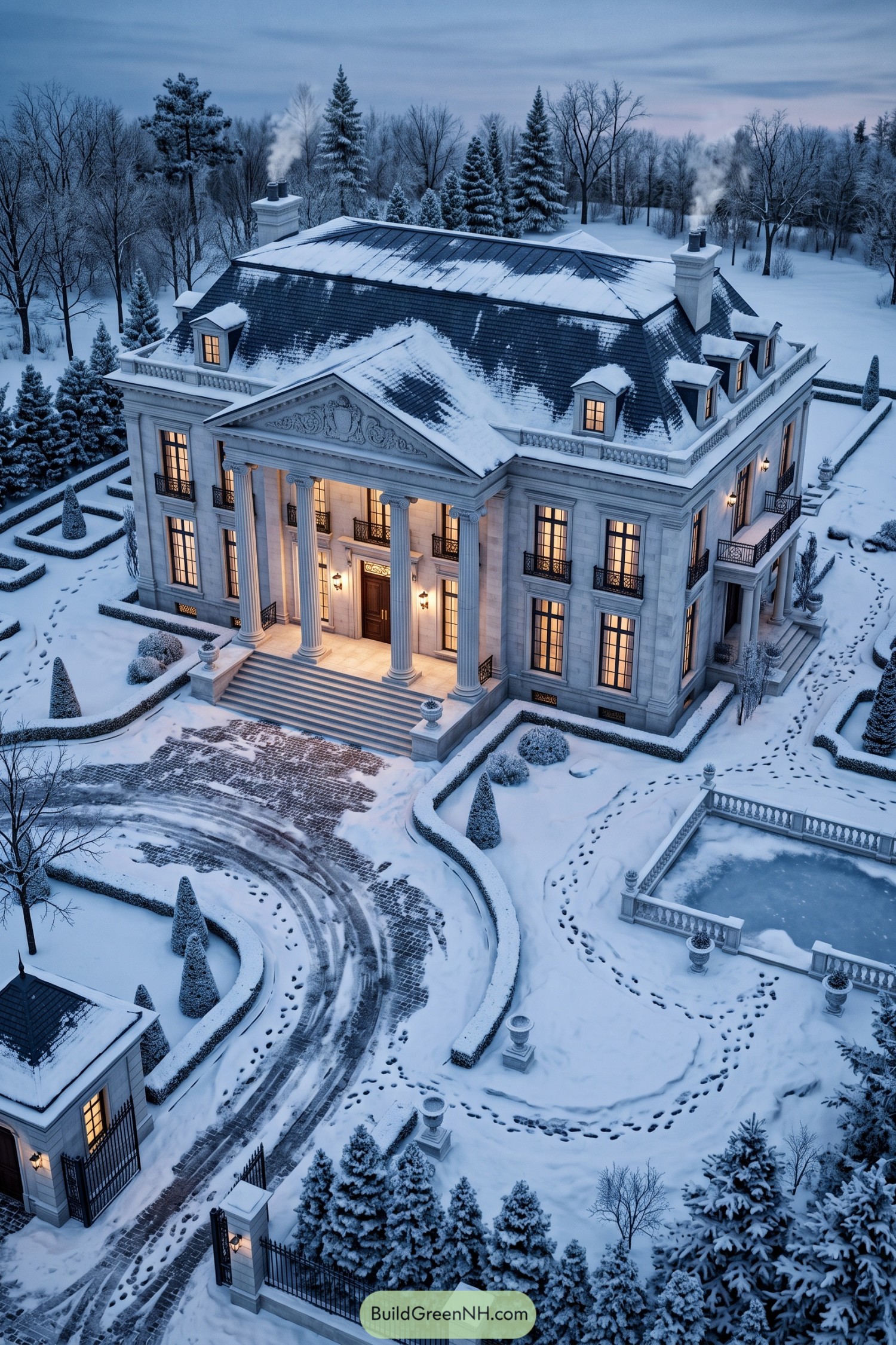 Snow-covered neoclassical mansion with grand columns and formal gardens