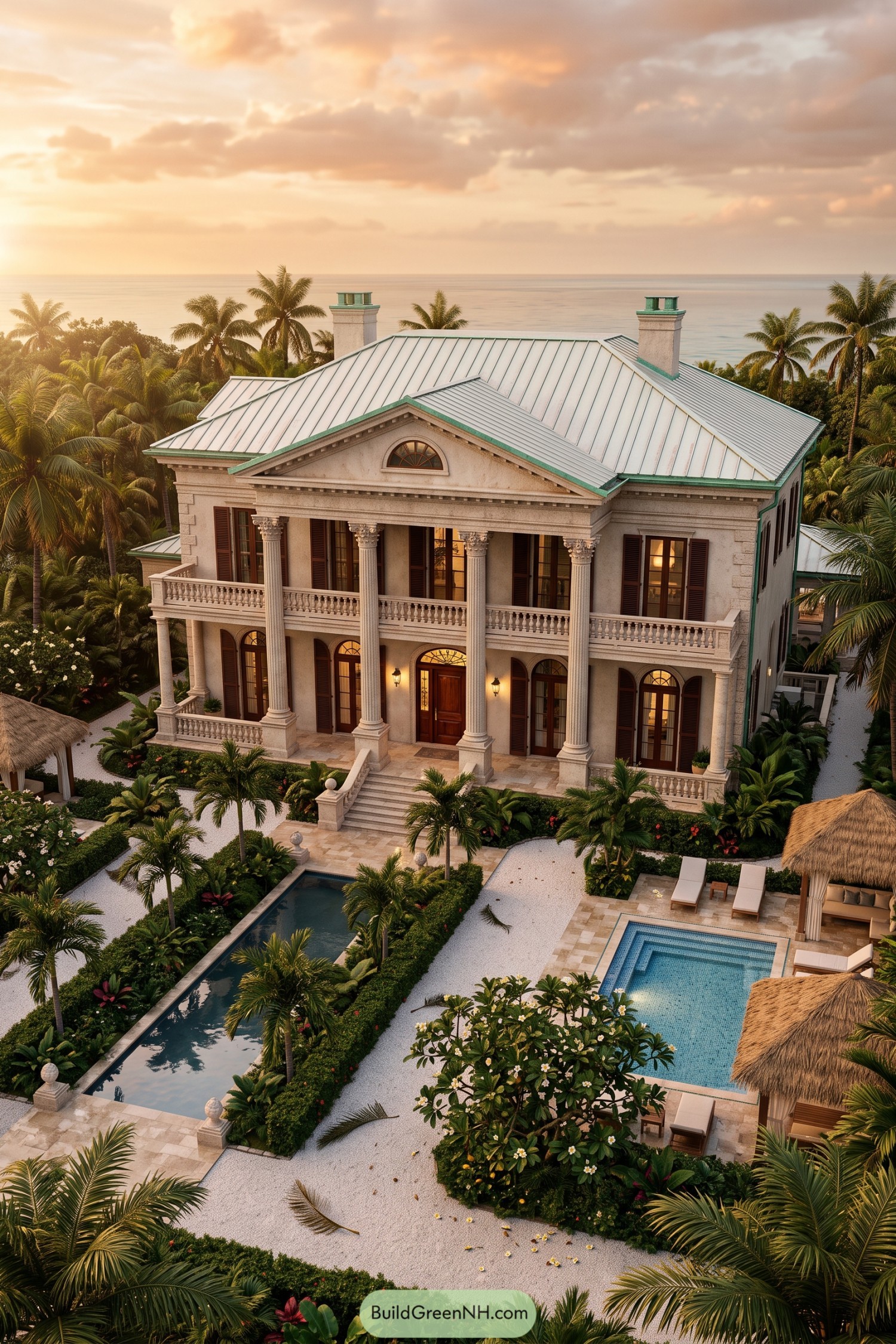 Neoclassical coastal mansion with columns pools and palms