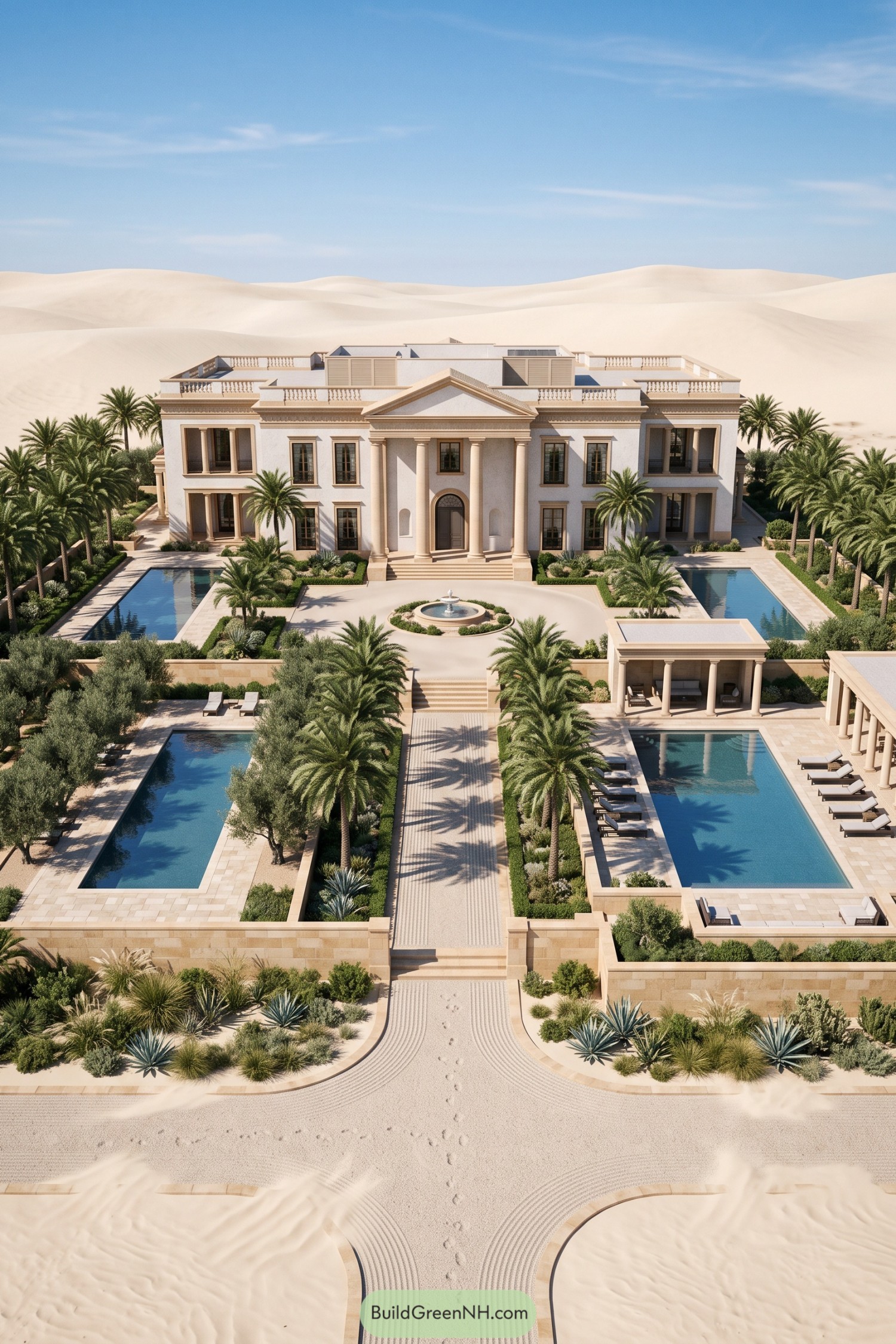 Desert villa with pools palms and columned portico