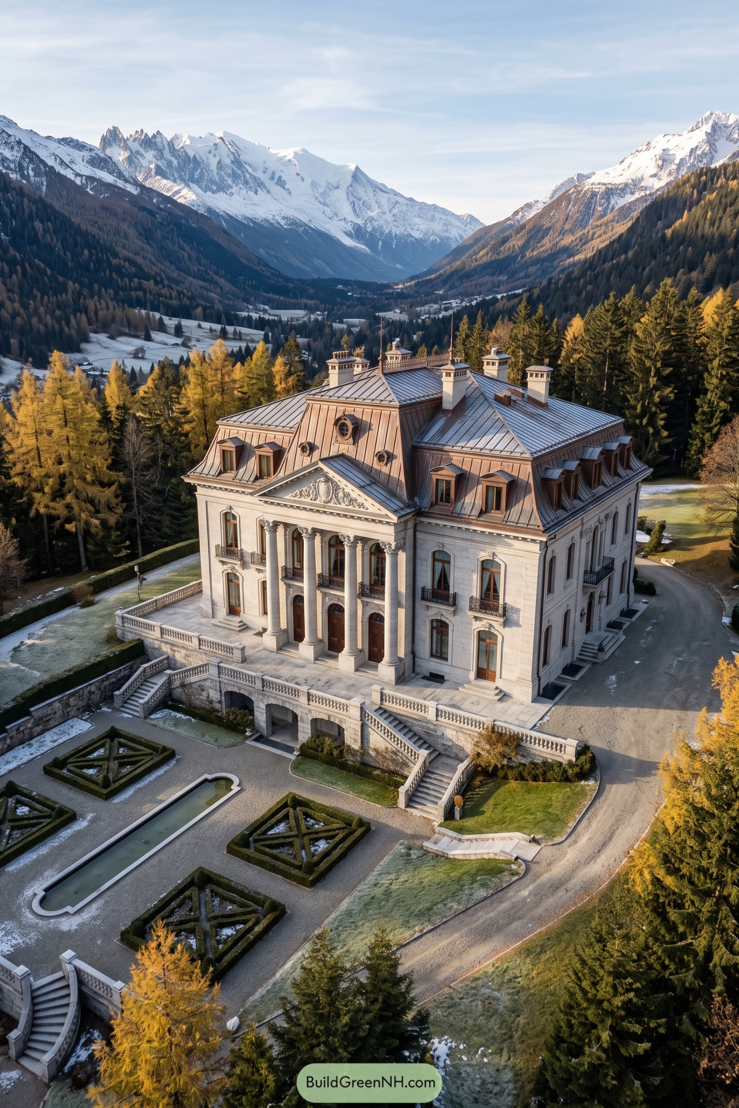 Grand neoclassical château overlooking snowcapped Alpine peaks