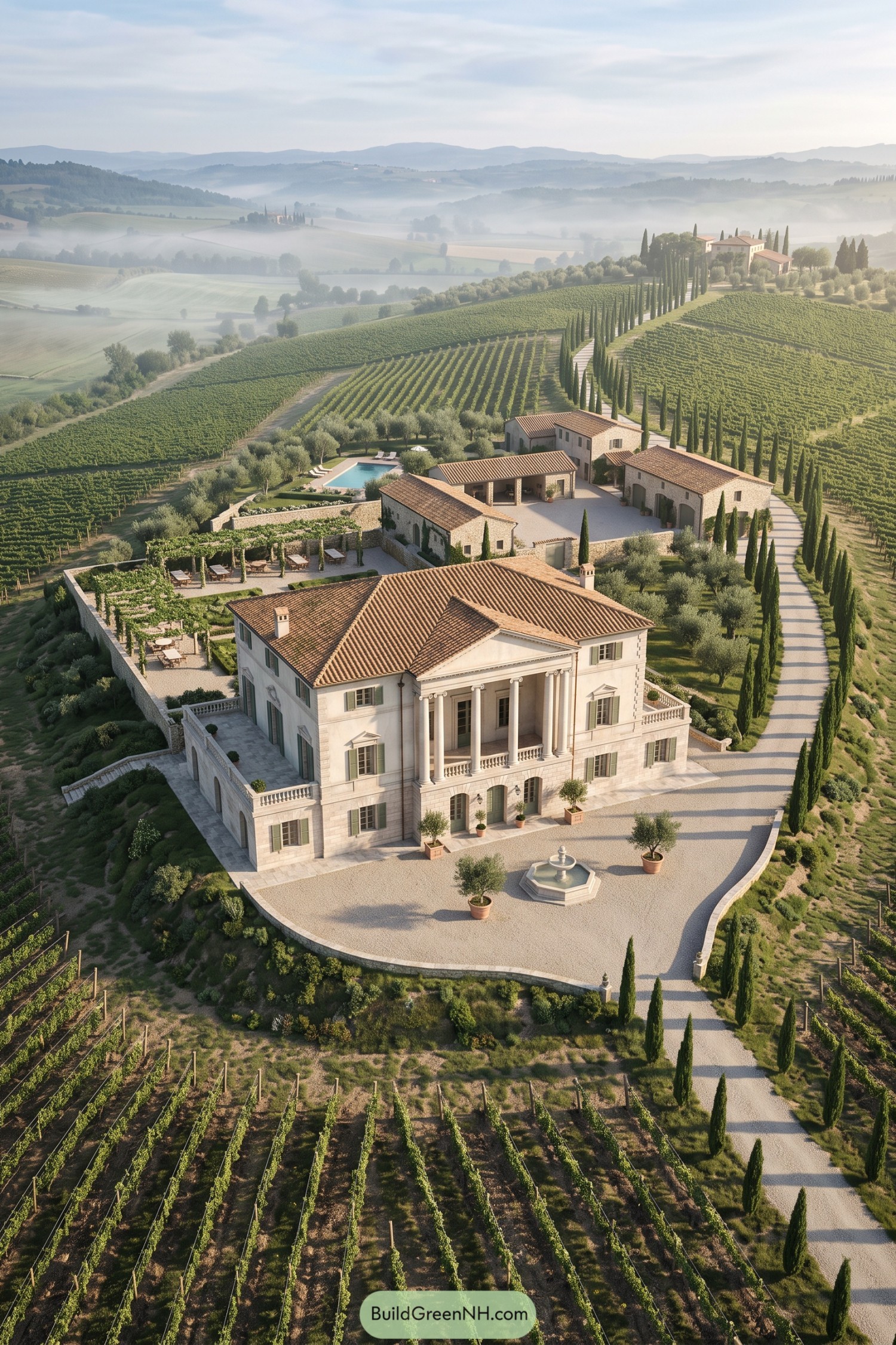Neoclassical villa with columns amid Tuscan vineyards
