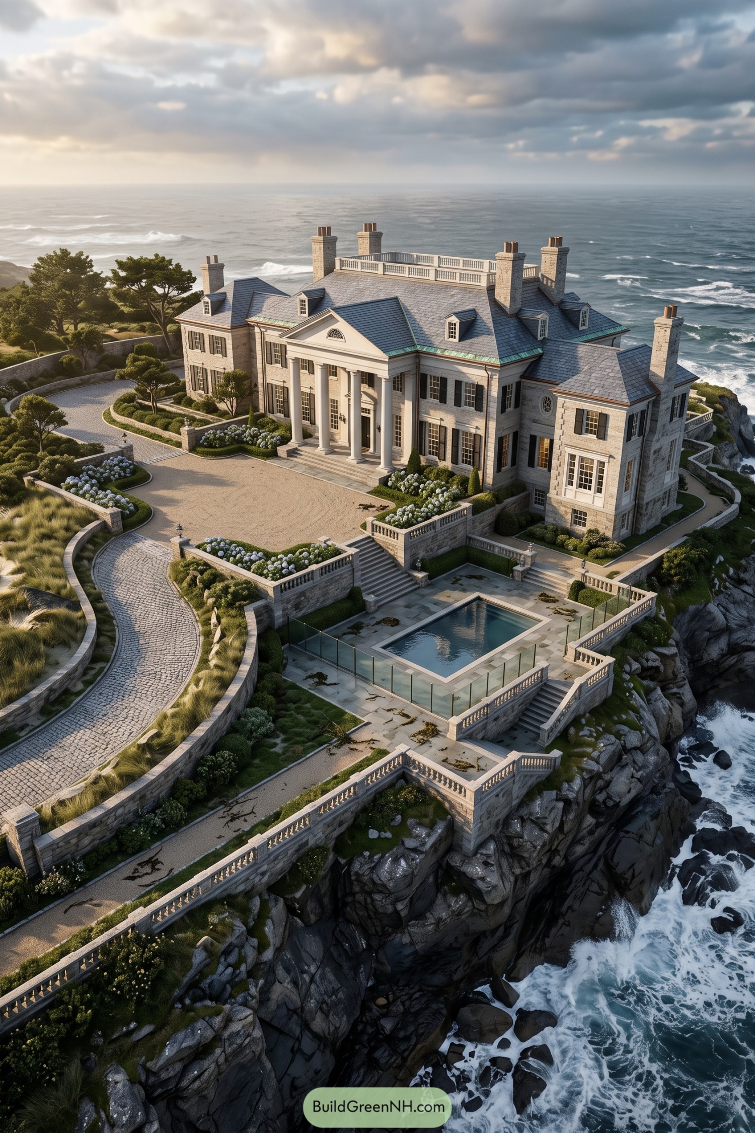 Stone neoclassical mansion with oceanfront terraces and pool