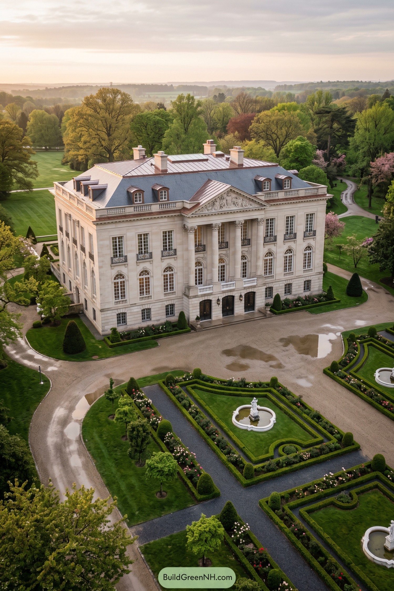 Pale stone mansion with columned portico and formal gardens