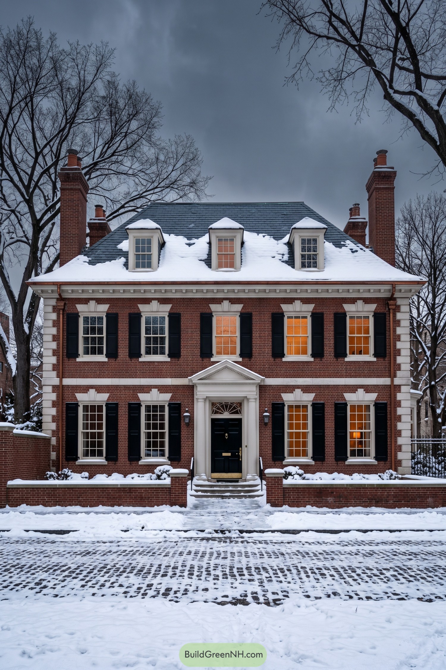 Snowy red brick Federal style home with black shutters and dormers