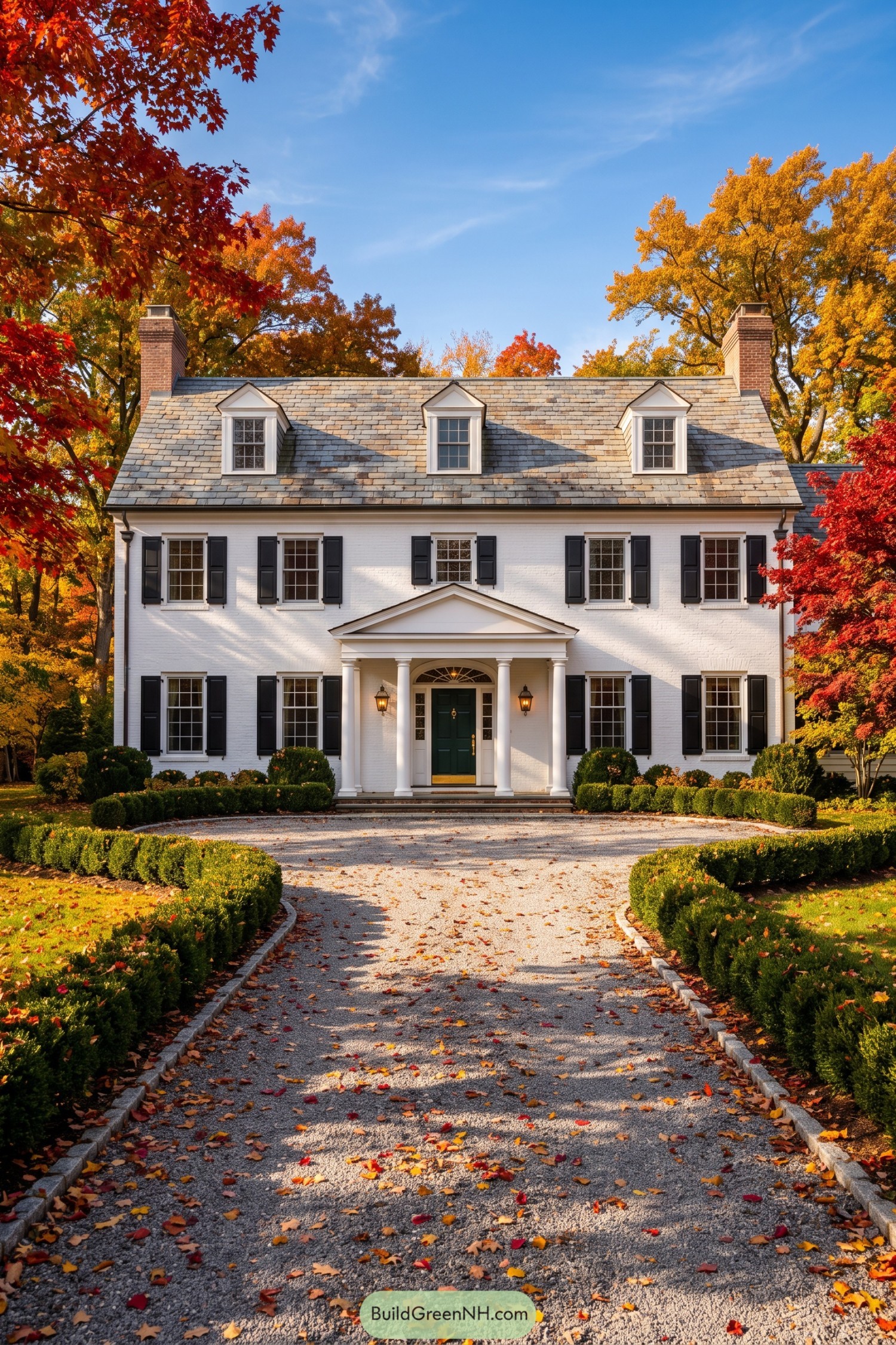 White brick colonial home with slate roof and columned entry