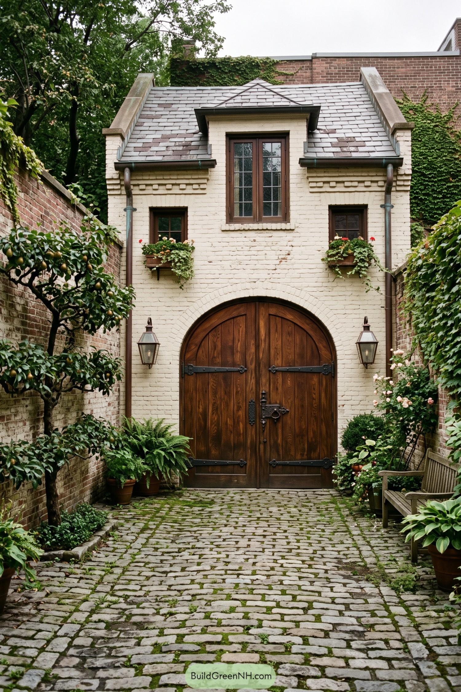 White brick carriage house with arched wood doors and cobbled courtyard
