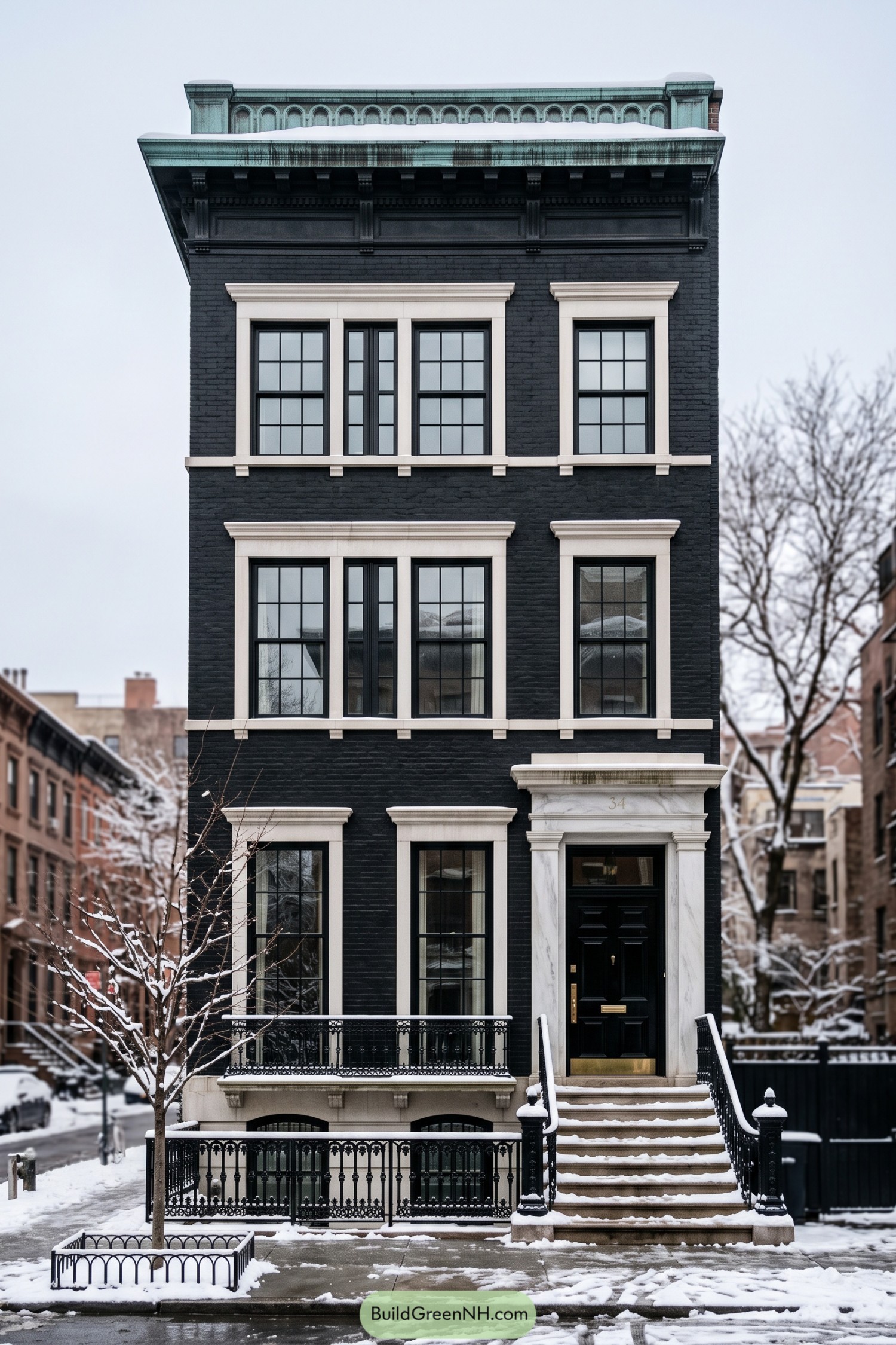 Black brick townhouse with white stone trim and a grand cornice