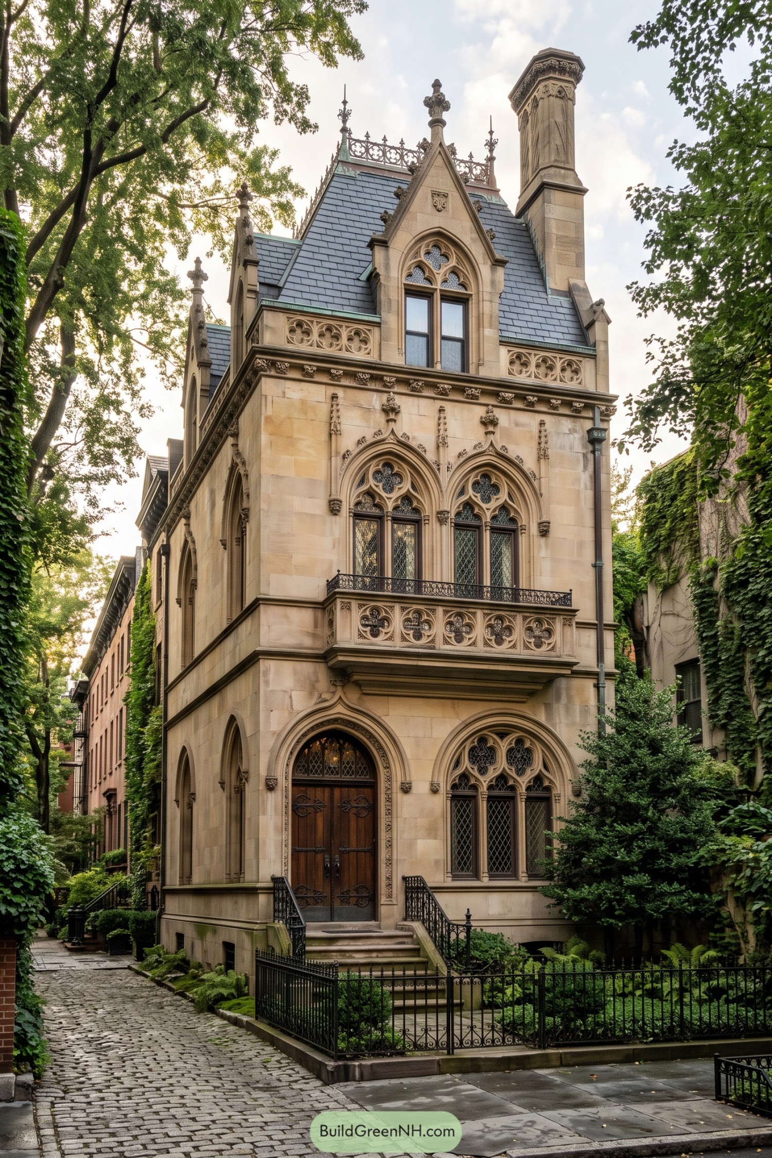 Gothic Revival limestone townhouse with pointed arches and slate roof