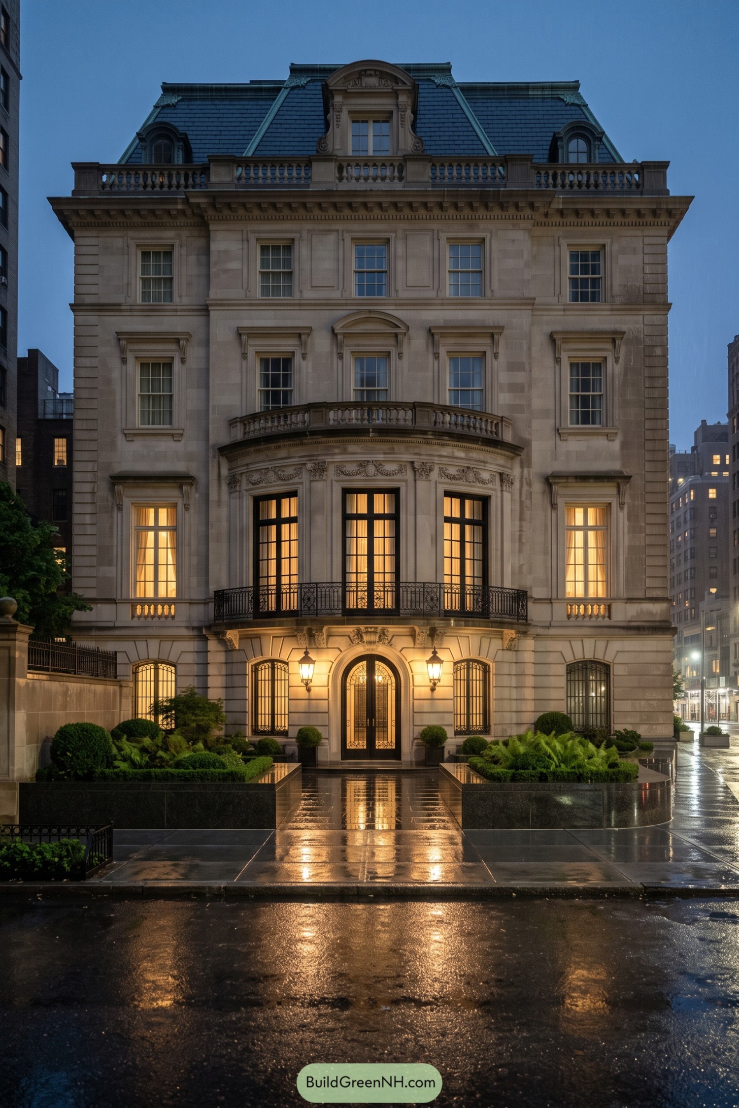 French Renaissance limestone residence with a slate mansard roof and grand arched entry