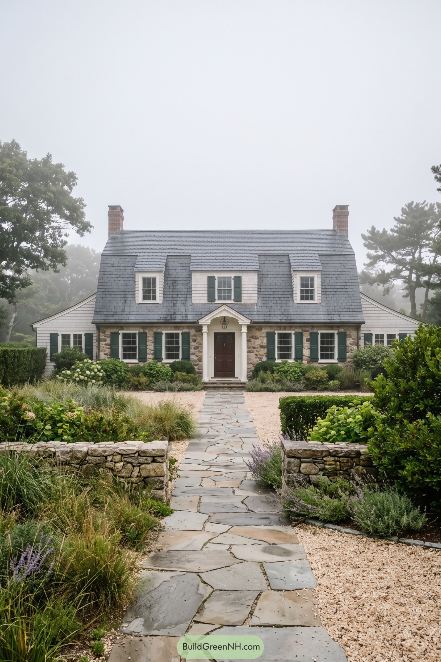 Fieldstone cottage with a gray shingle roof and green shutters