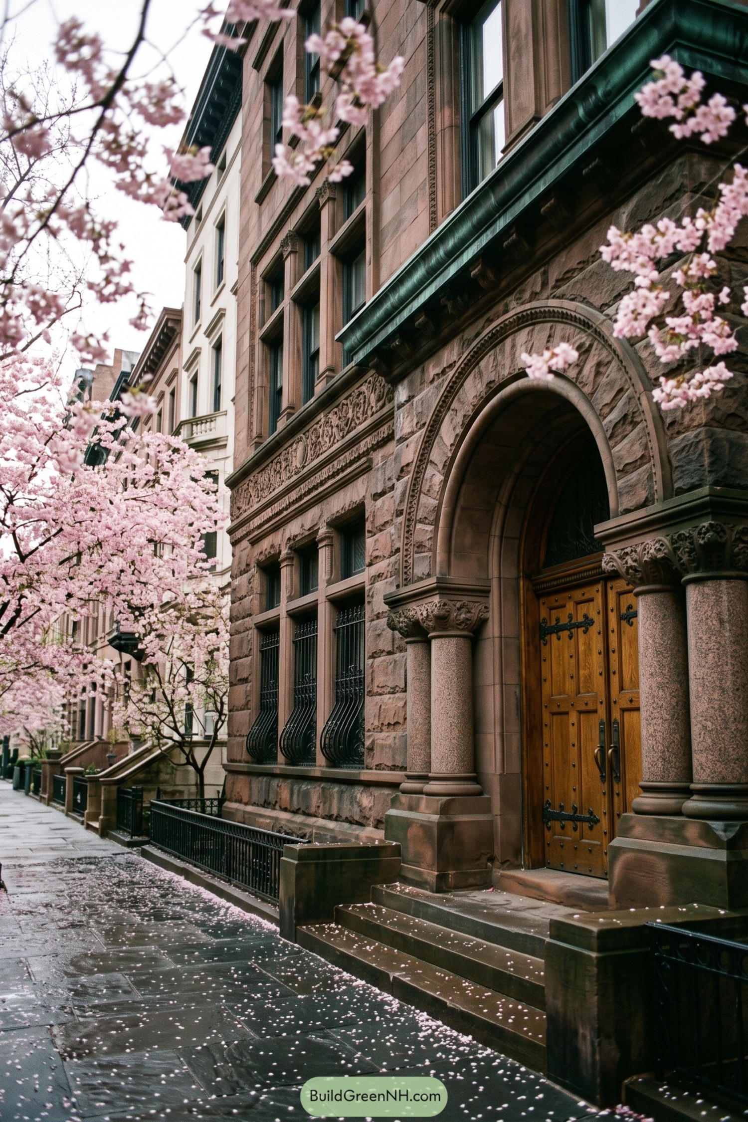 Ornate brownstone townhouse entrance beneath blooming cherry trees