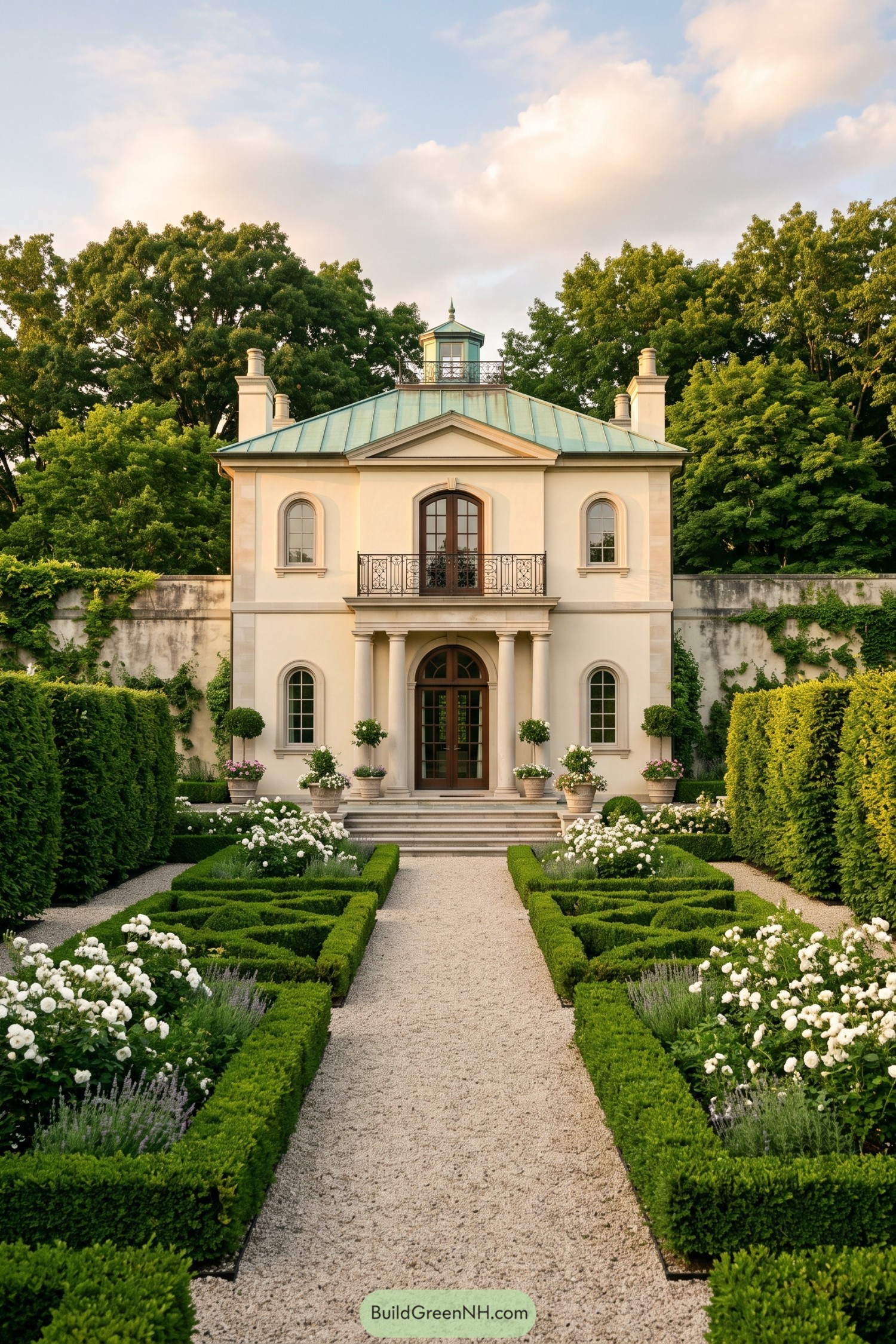 Cream stucco villa with a copper roof cupola and formal boxwood garden