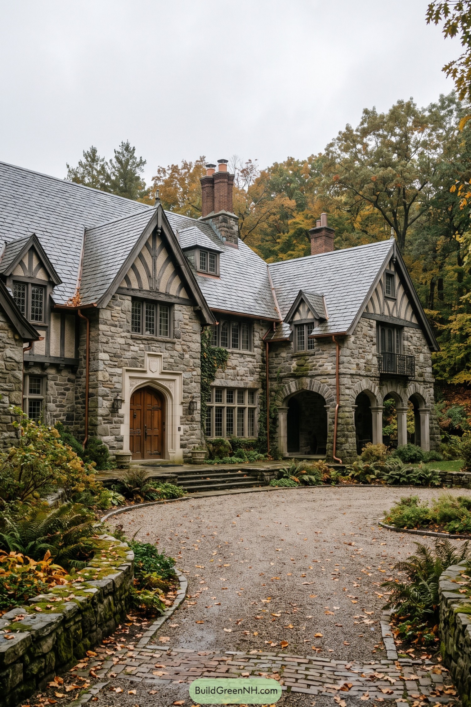 Stone Tudor manor with slate gables and arched porch