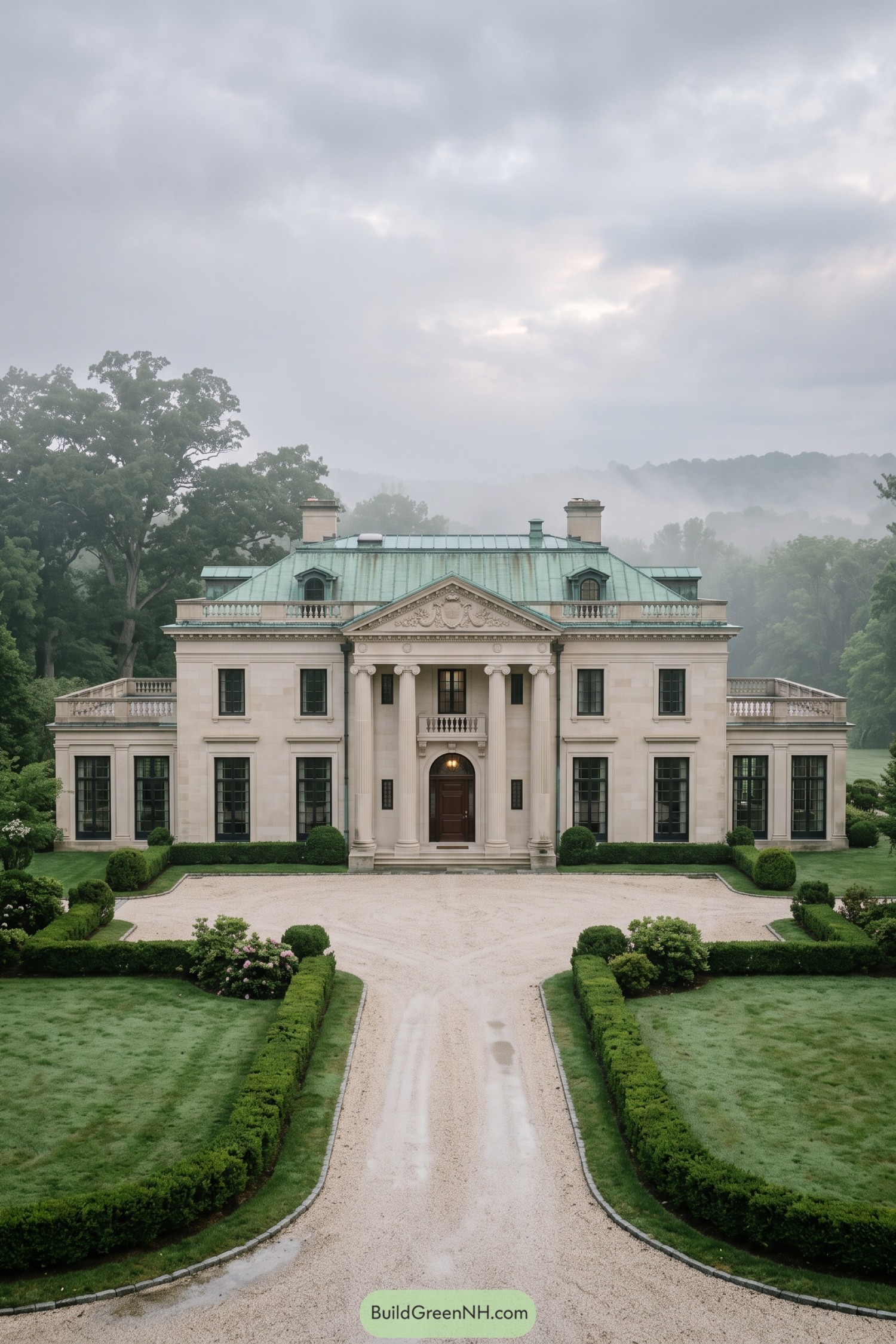 Palladian manor with columns and green copper roof