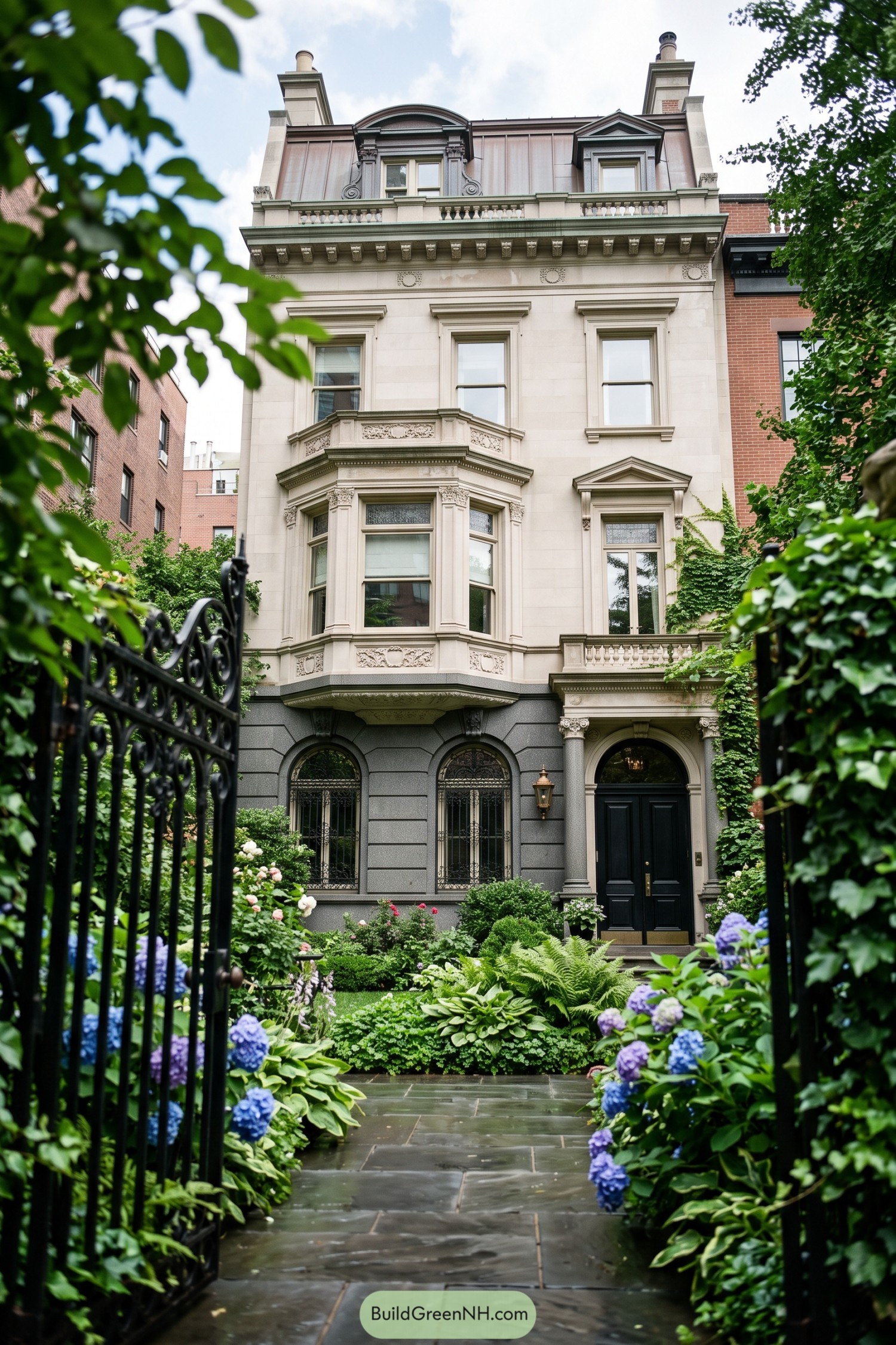 Limestone townhouse with a mansard roof and formal garden entry