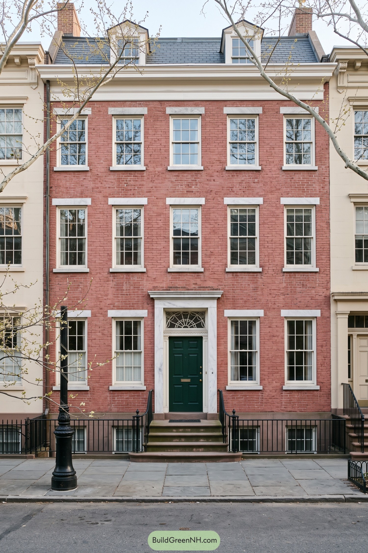 Red brick townhouse with marble trim and dormers