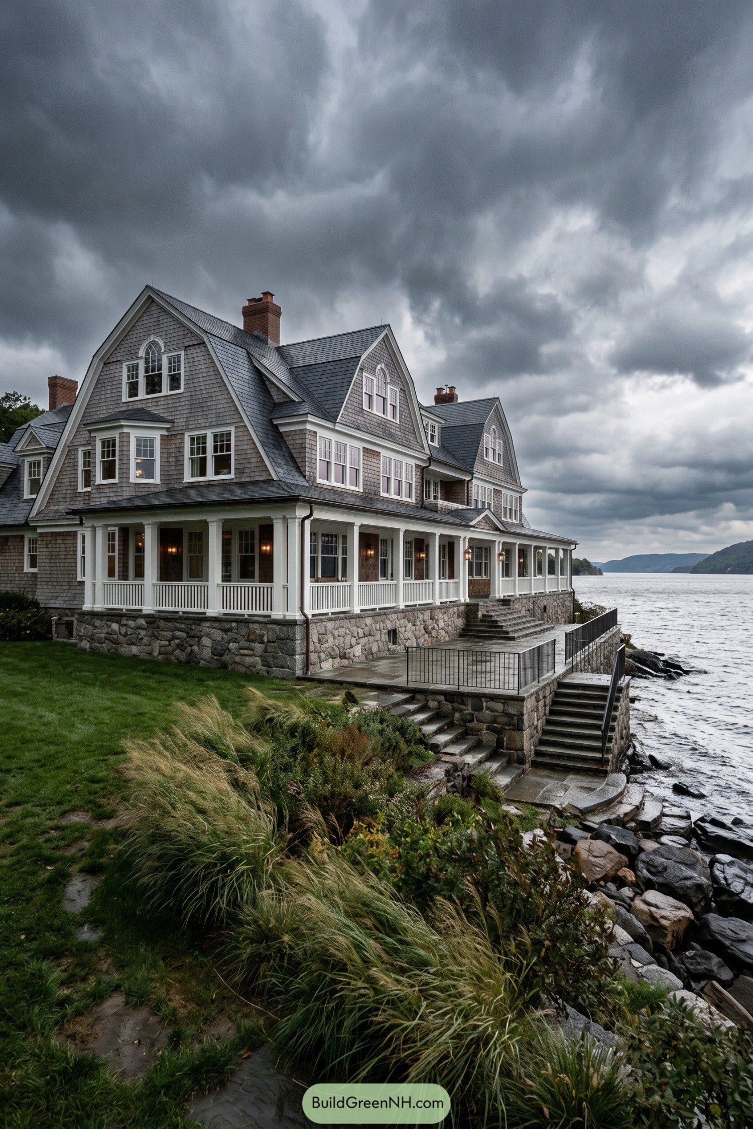 Gray shingle waterfront house with wraparound porch