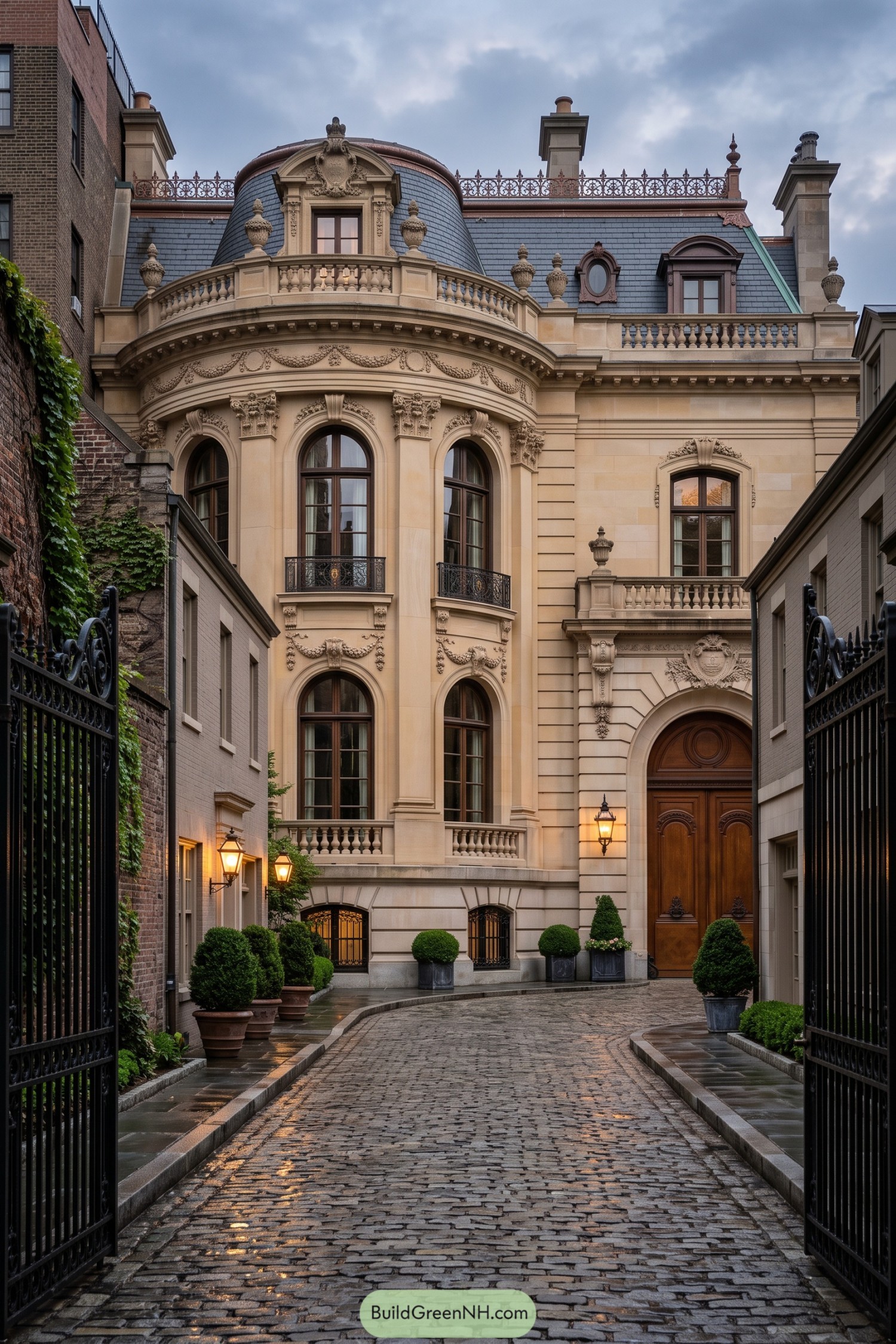 Ornate limestone residence with a curved mansard roof