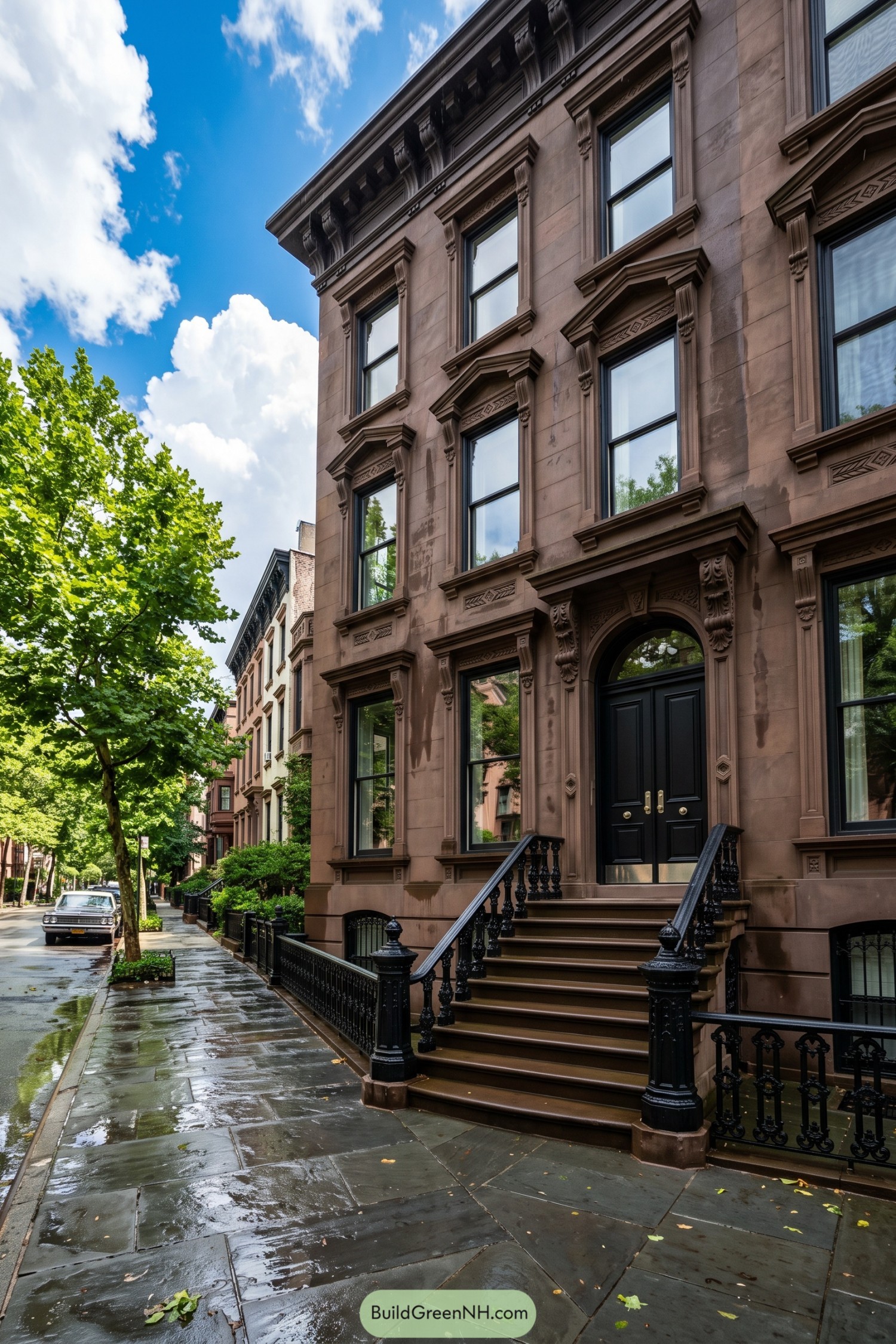 Ornate brownstone townhouse with stoop and black iron railings