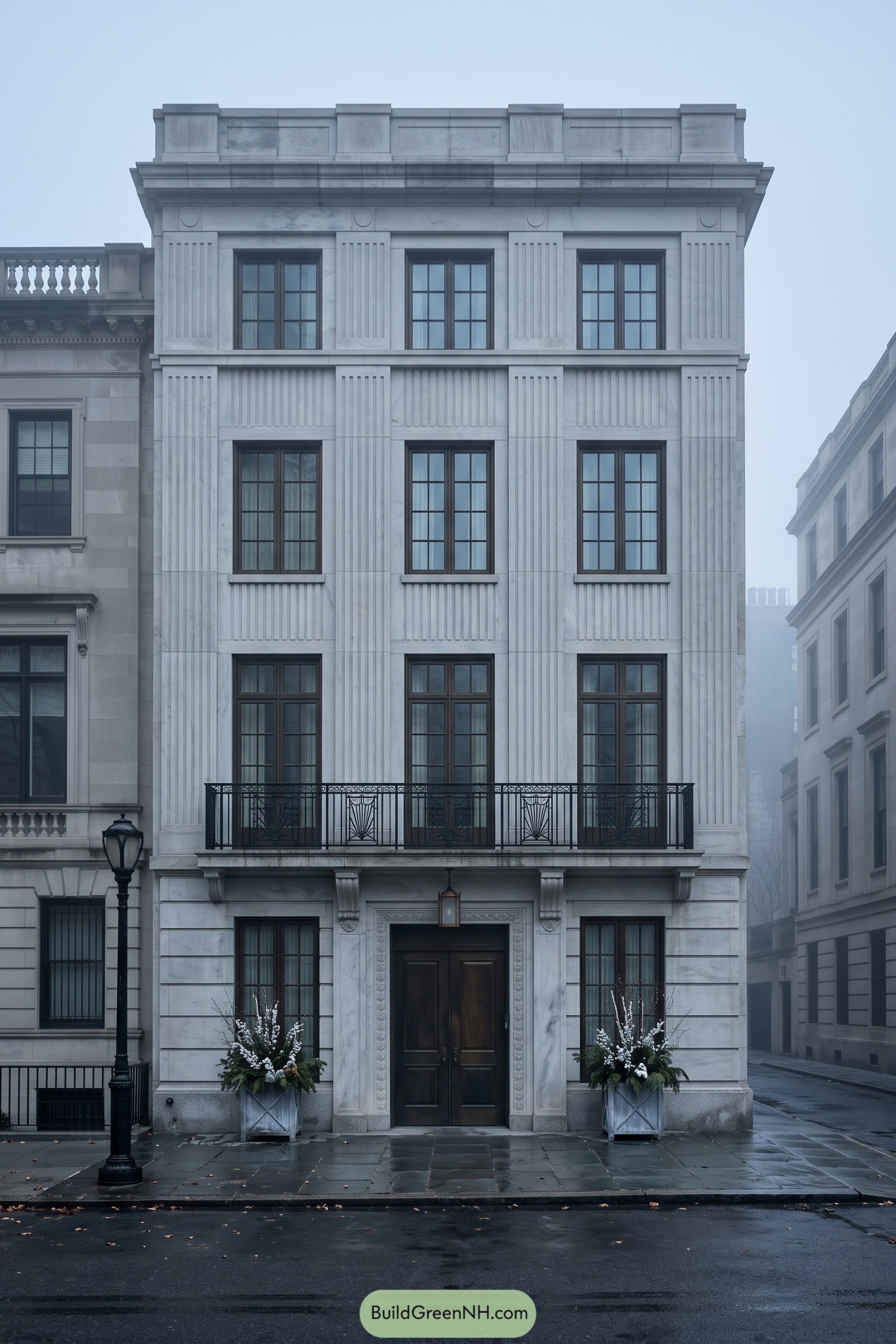 Pale marble townhouse with fluted pilasters and iron balcony