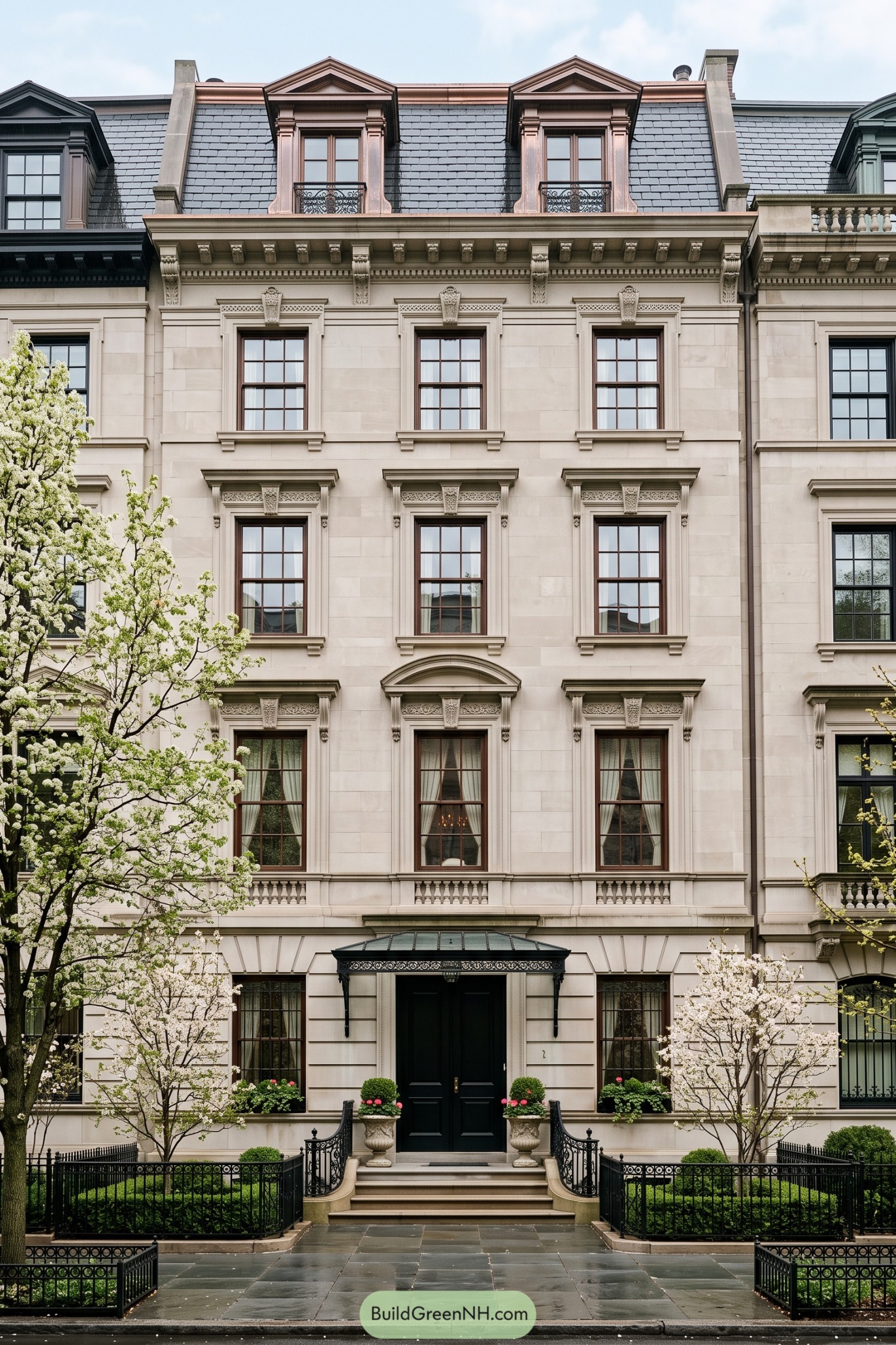 Elegant limestone townhouse with slate mansard roof and ironwork entry