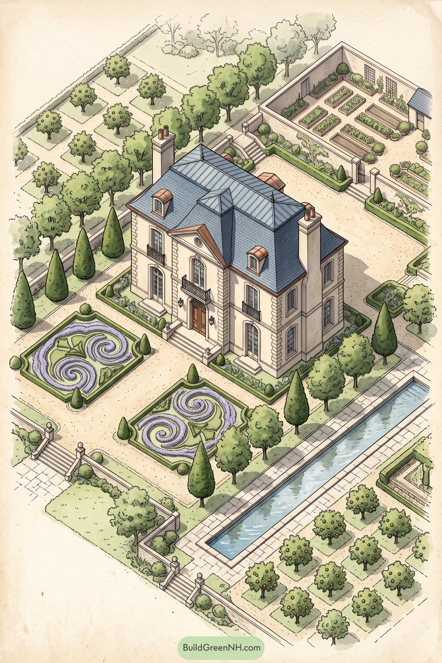 Formal estate garden with spiral parterres orchard canal and kitchen beds