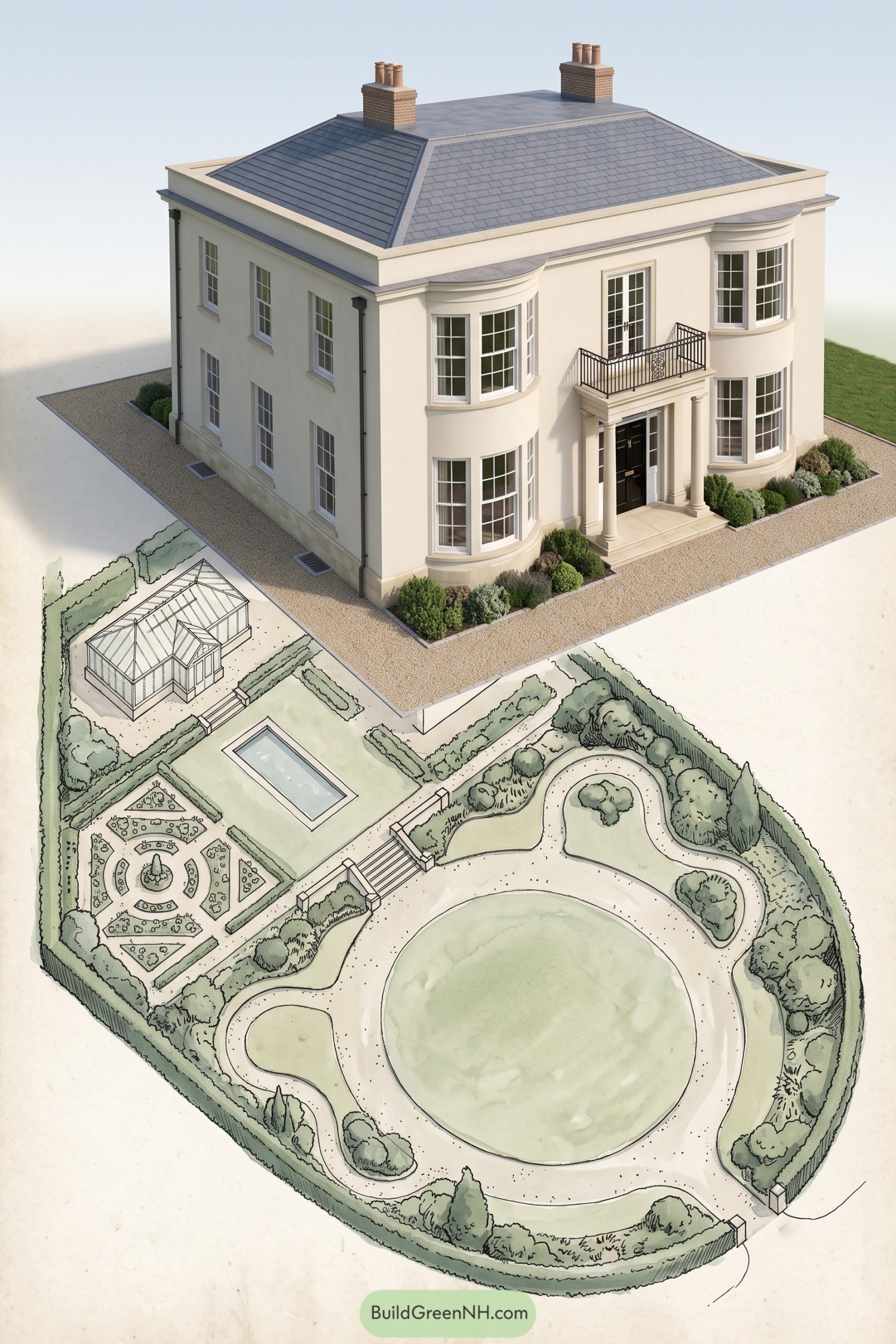 Circular lawn driveway with parterre pool and greenhouse