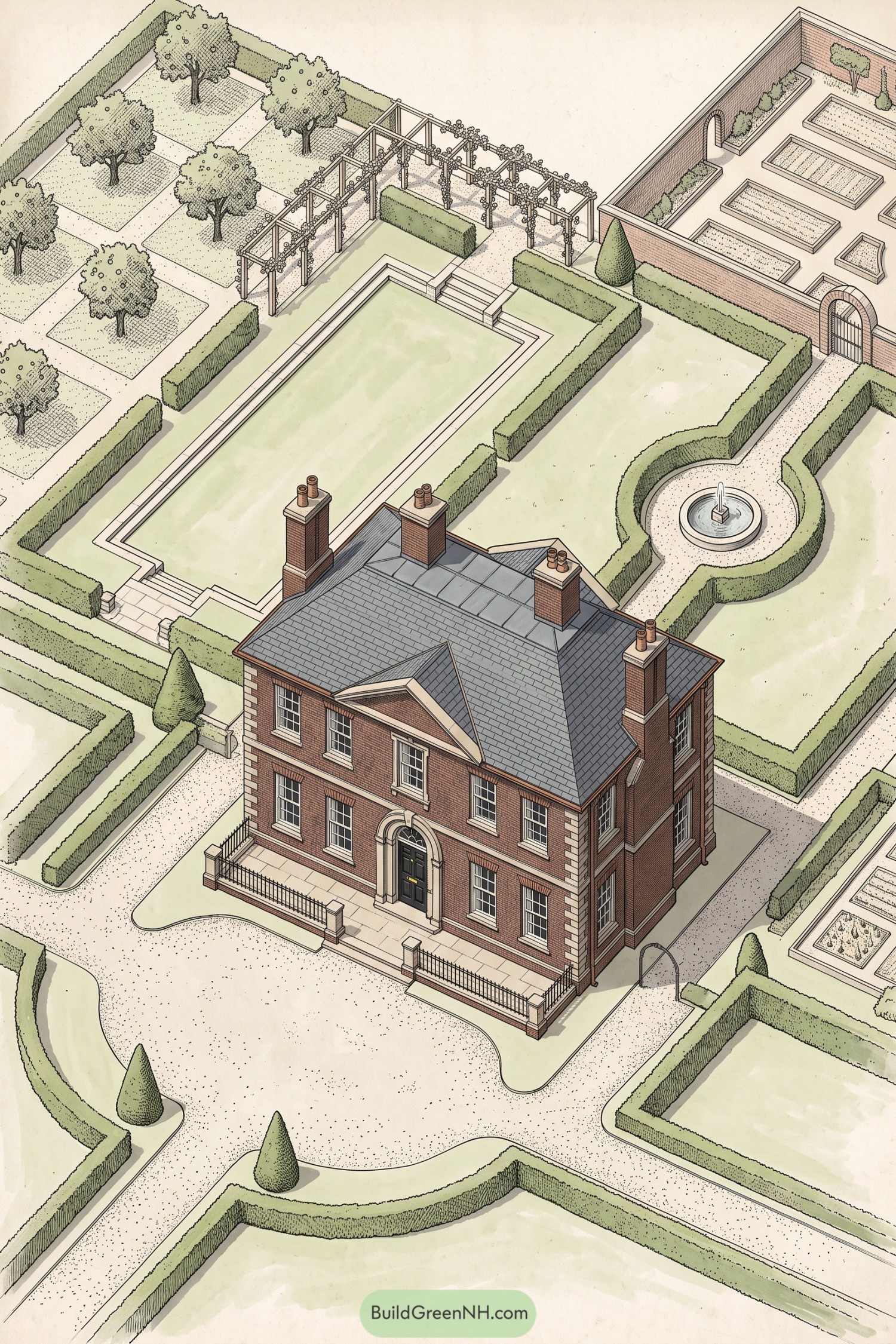 Formal brick manor garden with reflecting pool fountain orchard and pergola