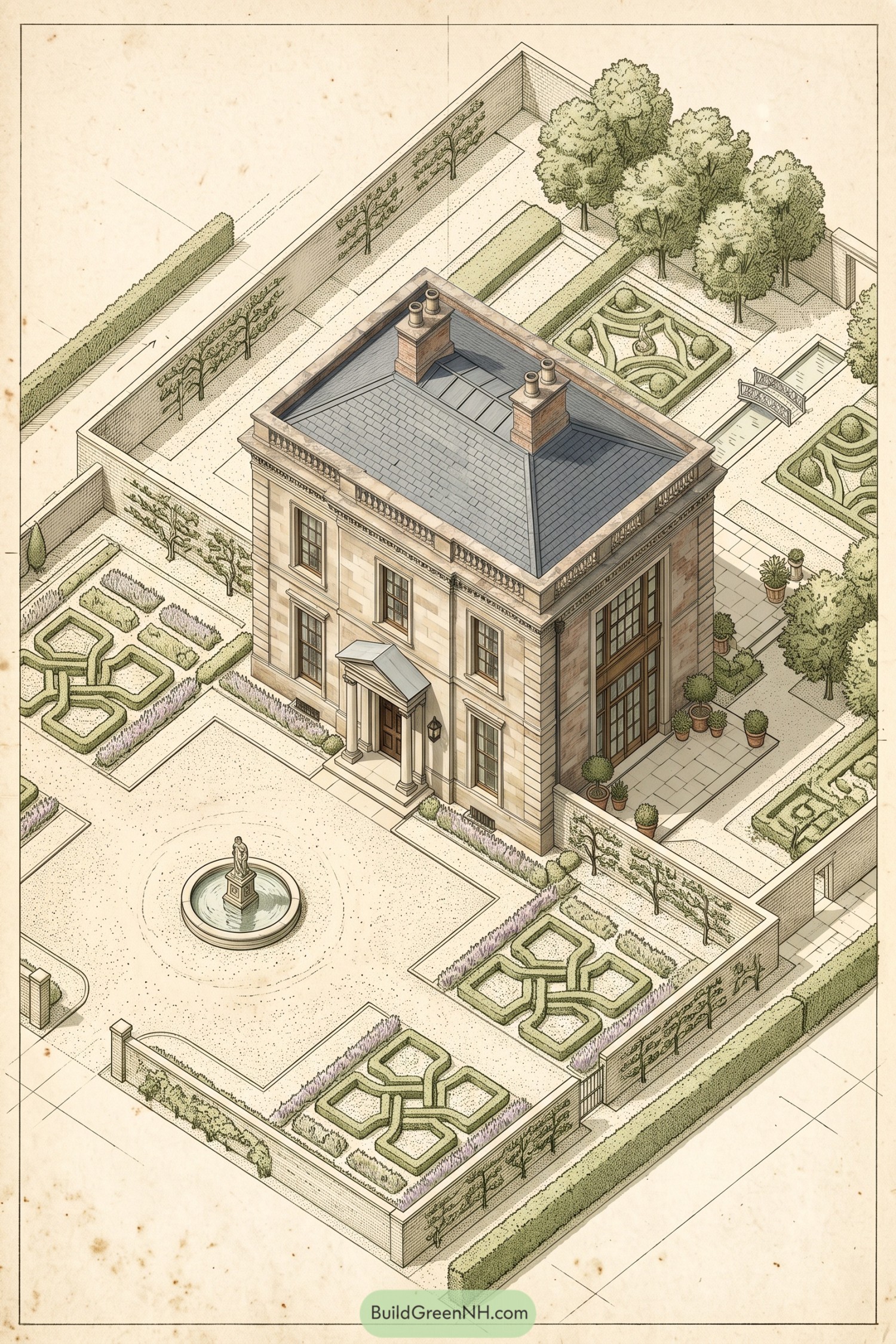 Formal stone manor with clipped knot gardens and fountain